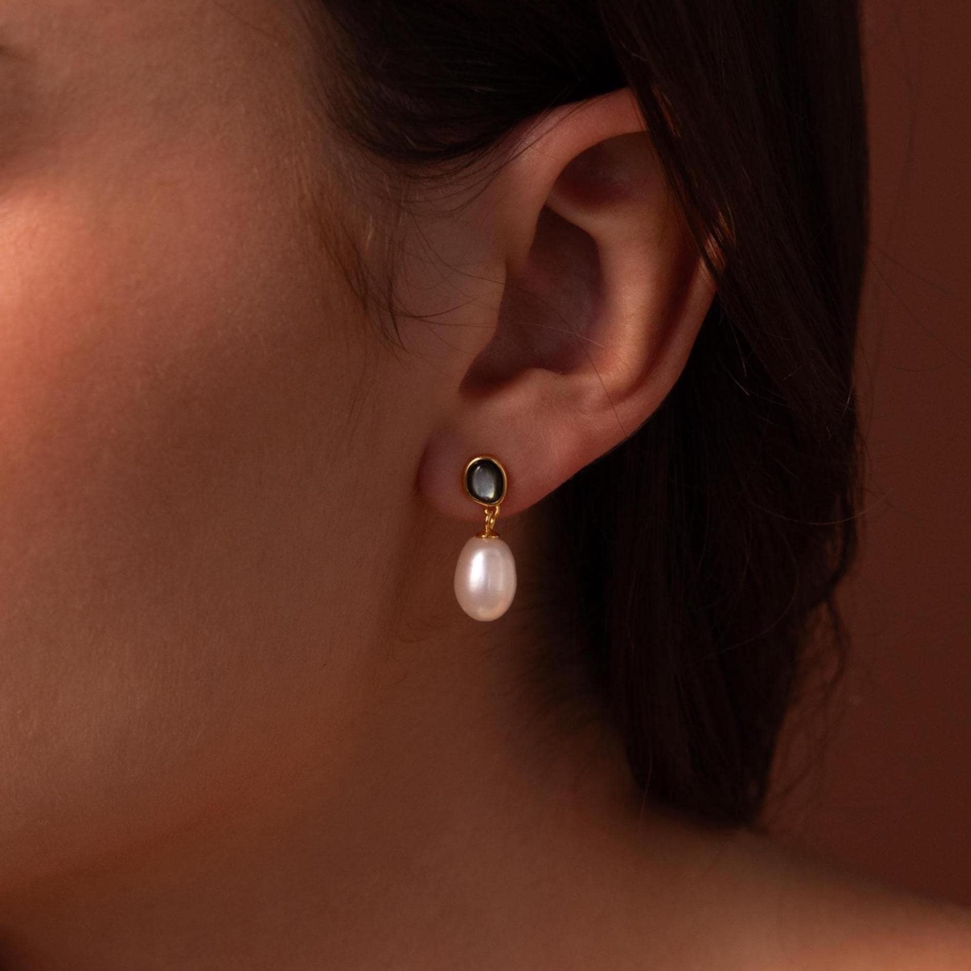 Midnight Pearl Drop Earrings in 18K Gold - Image 2