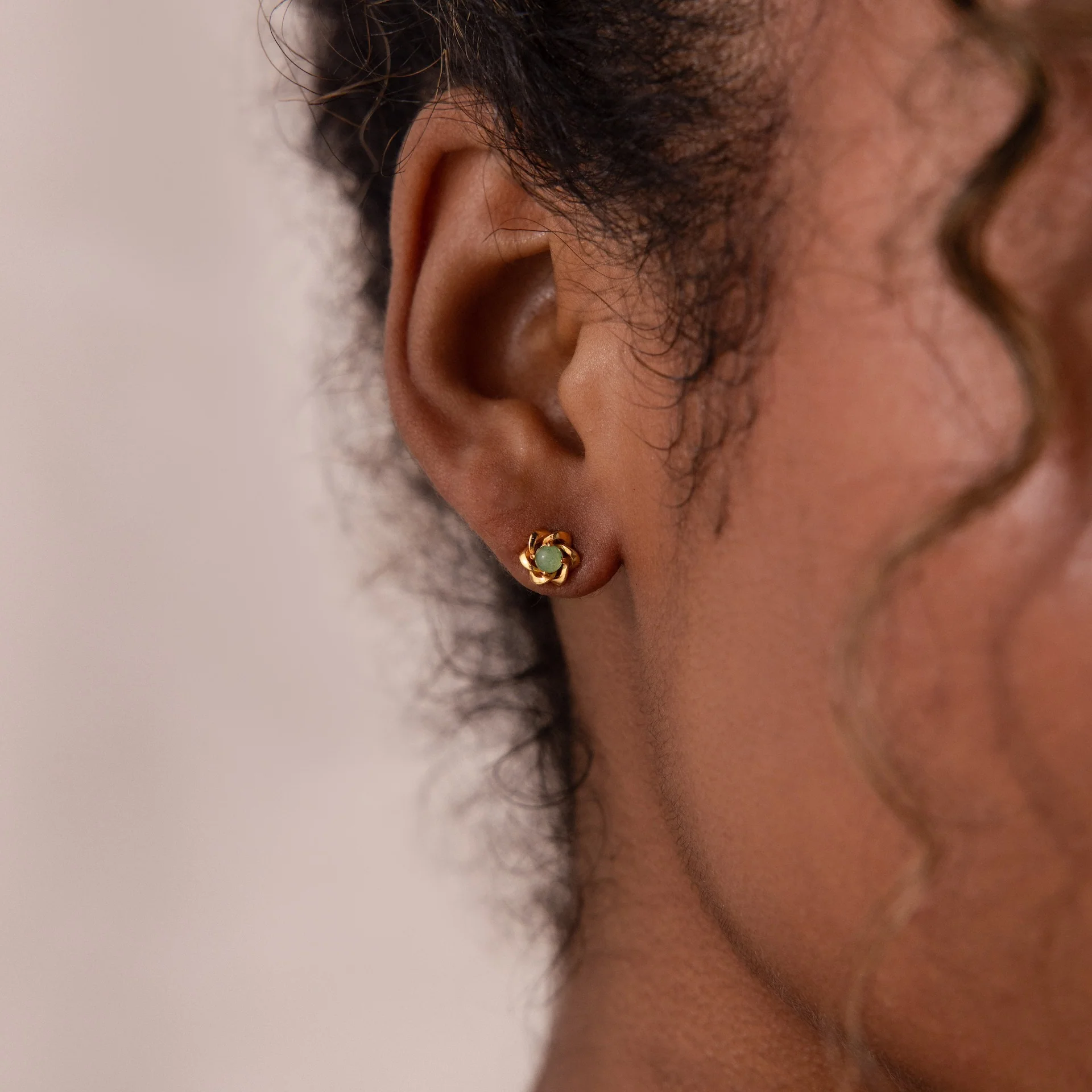 Mini Jade Flower Studs in 18K Gold - Image 2