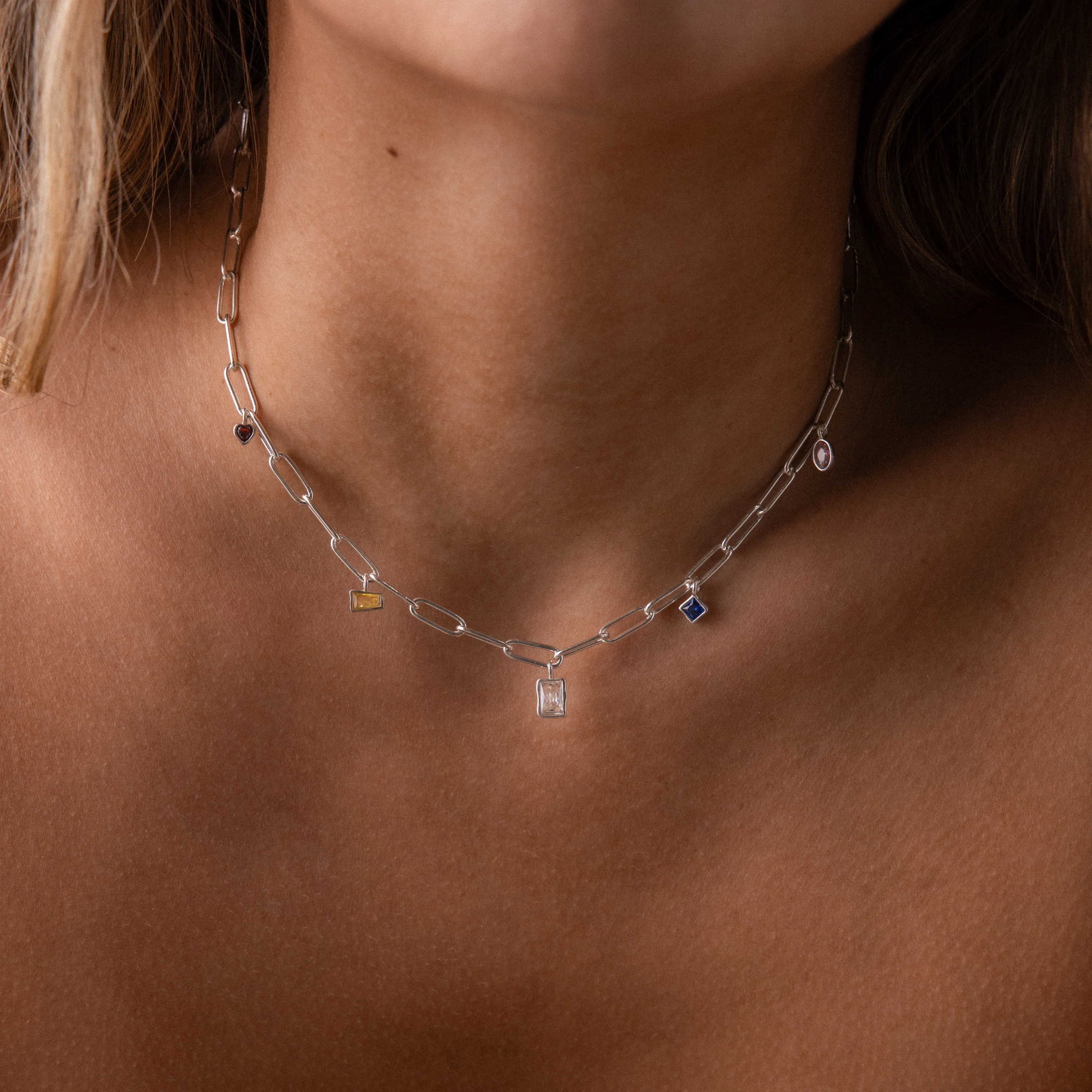 Mixed Birthstone Charm Necklace in Silver - Image 2