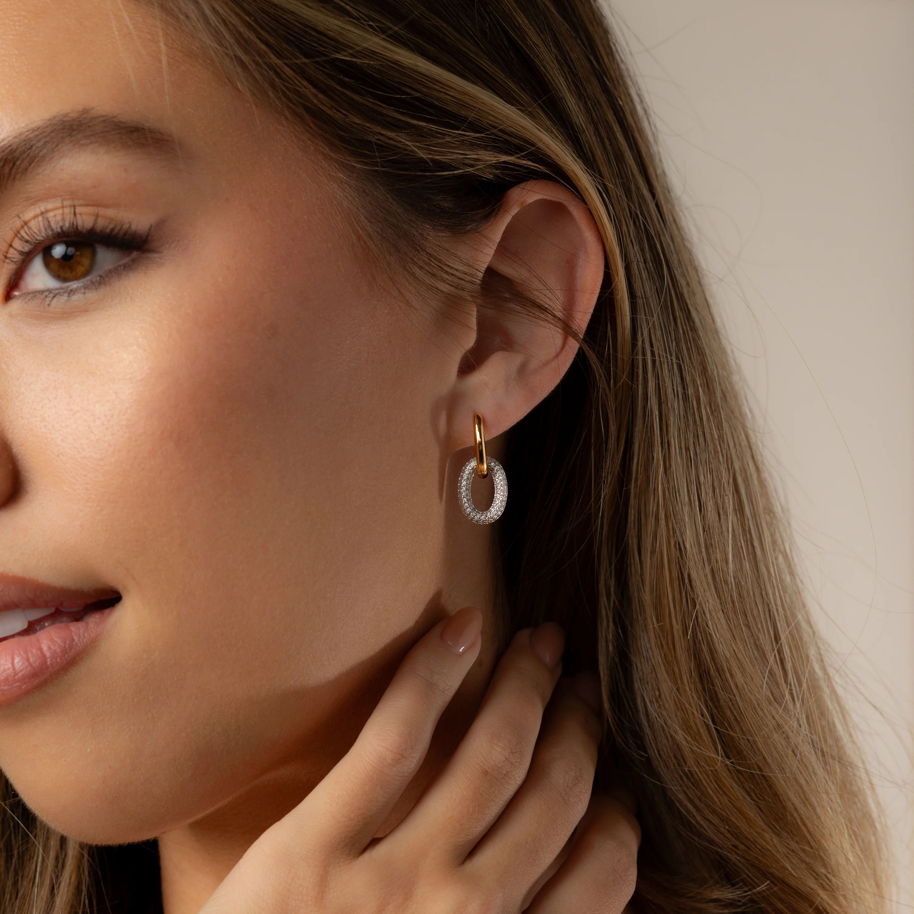 Mixed Metal Linked Pave Hoops - Image 4