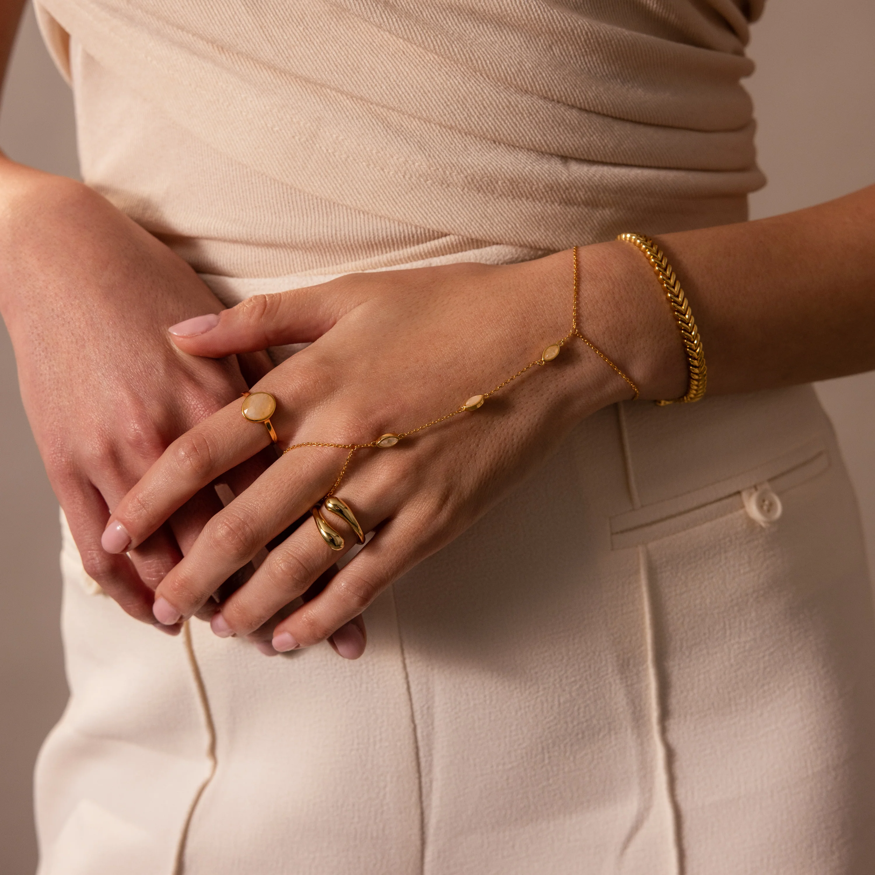 Moonstone Hand Chain Bracelet in 18K Gold - Image 7