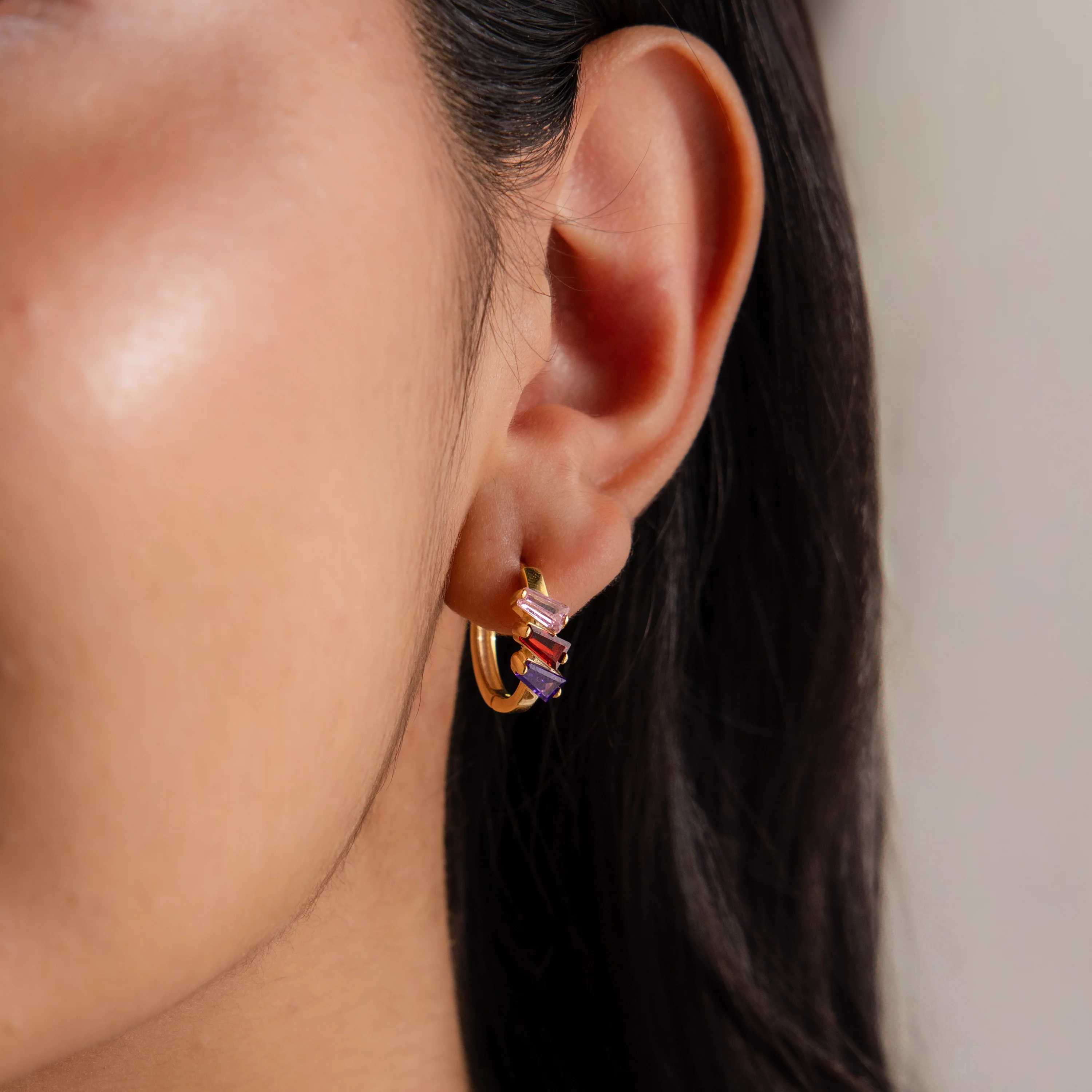 Multiple Tapered Birthstone Huggies in 18K Gold - Image 2