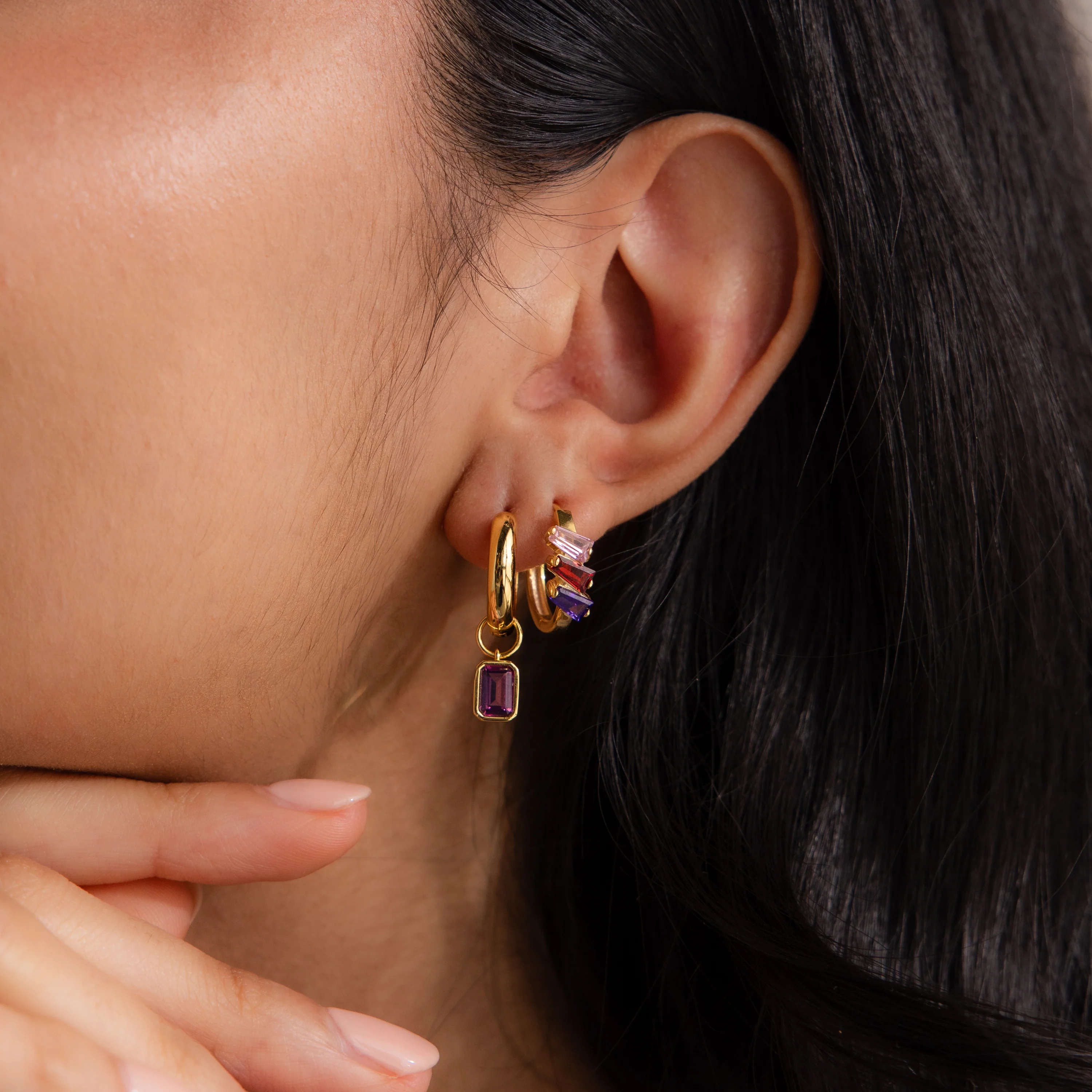 Multiple Tapered Birthstone Huggies in 18K Gold - Image 4