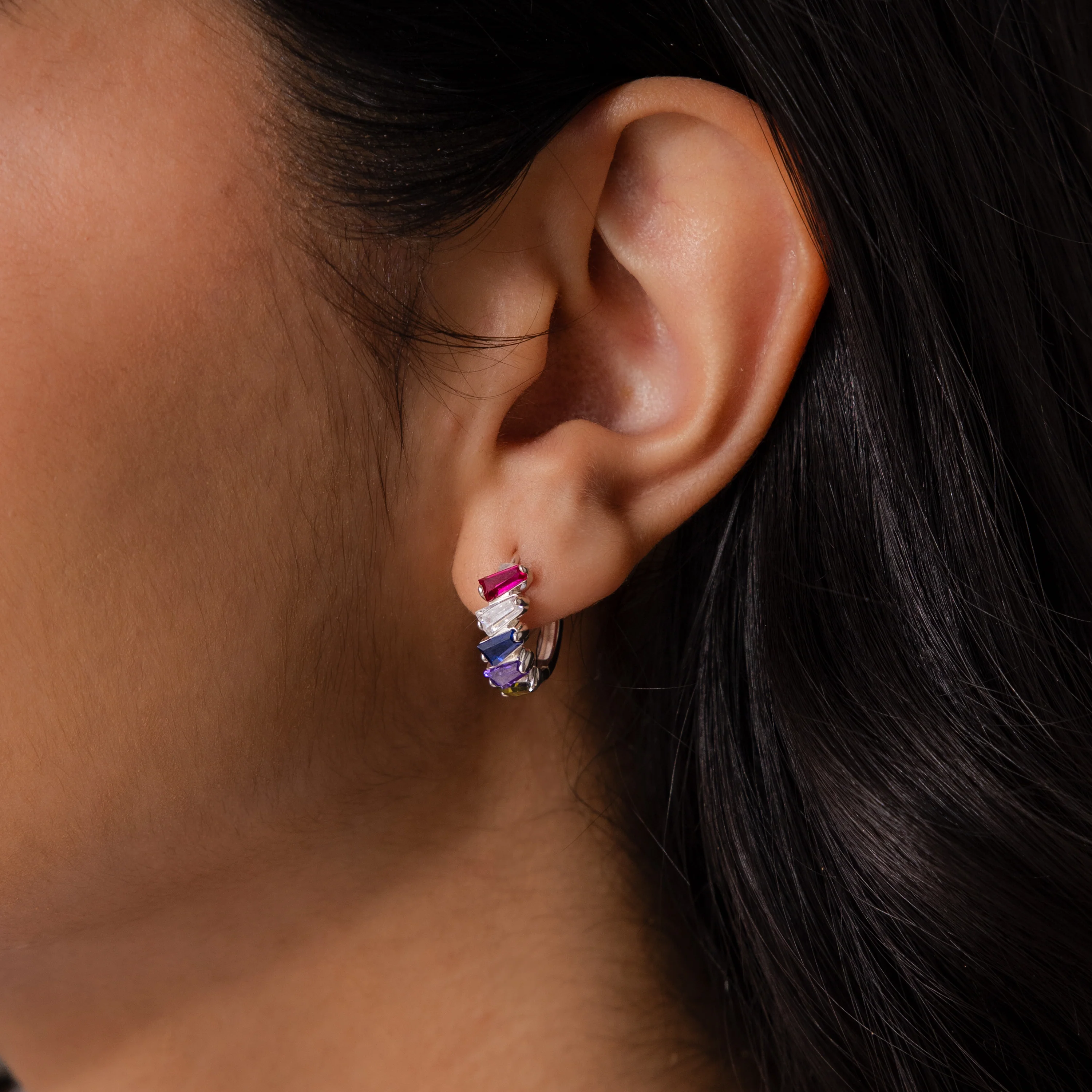 Multiple Tapered Birthstone Huggies in Silver - Image 2