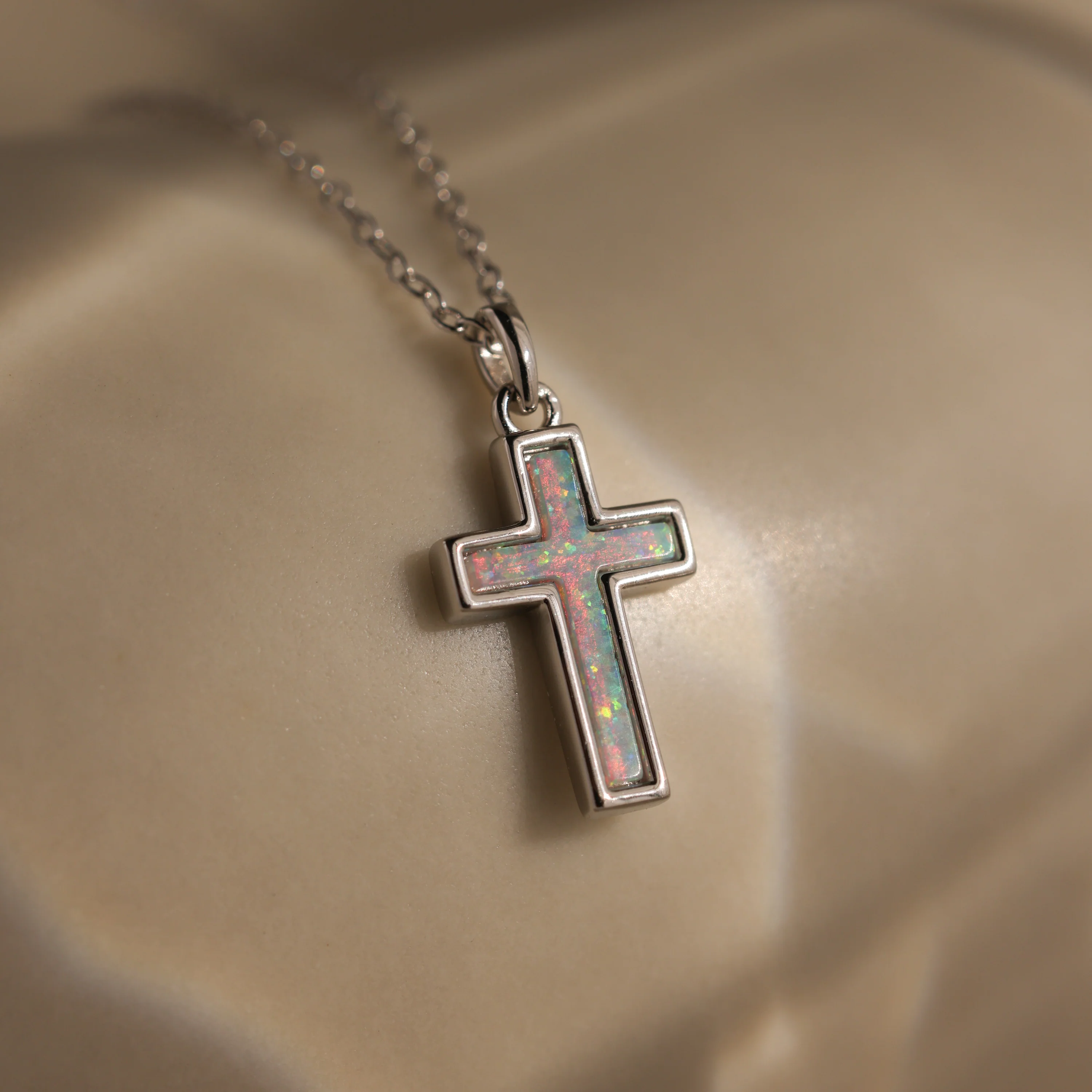 Opal Cross Necklace in Silver