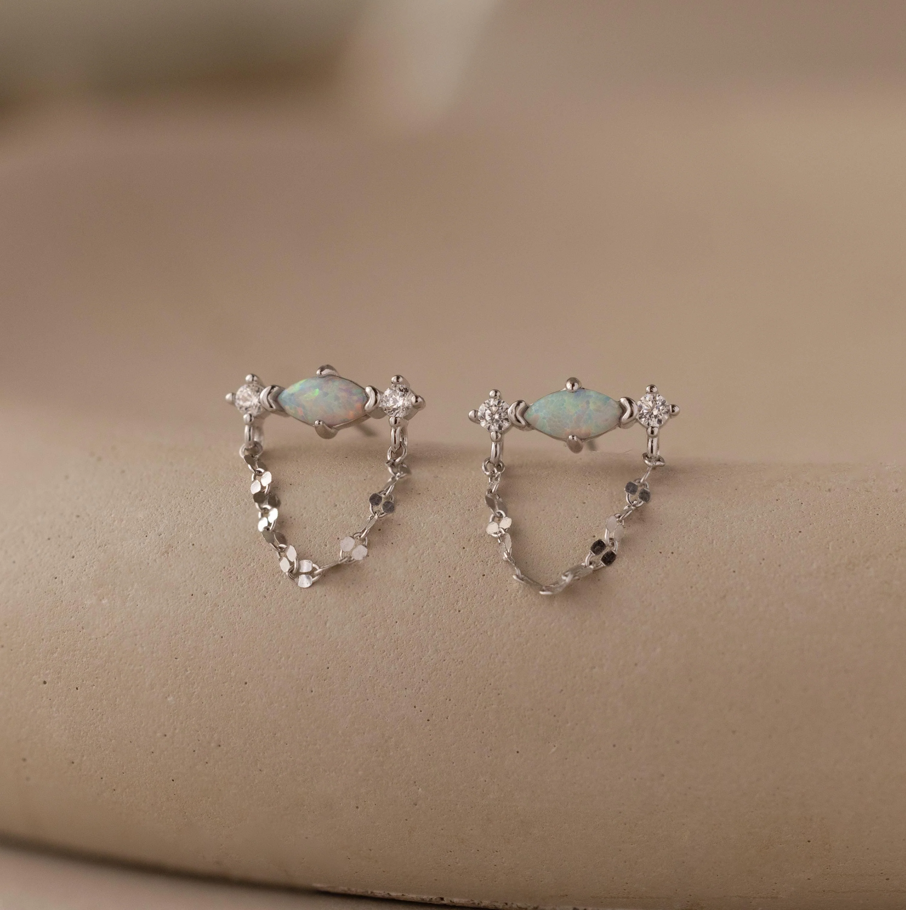 Opal & Diamond Chain Studs in Silver