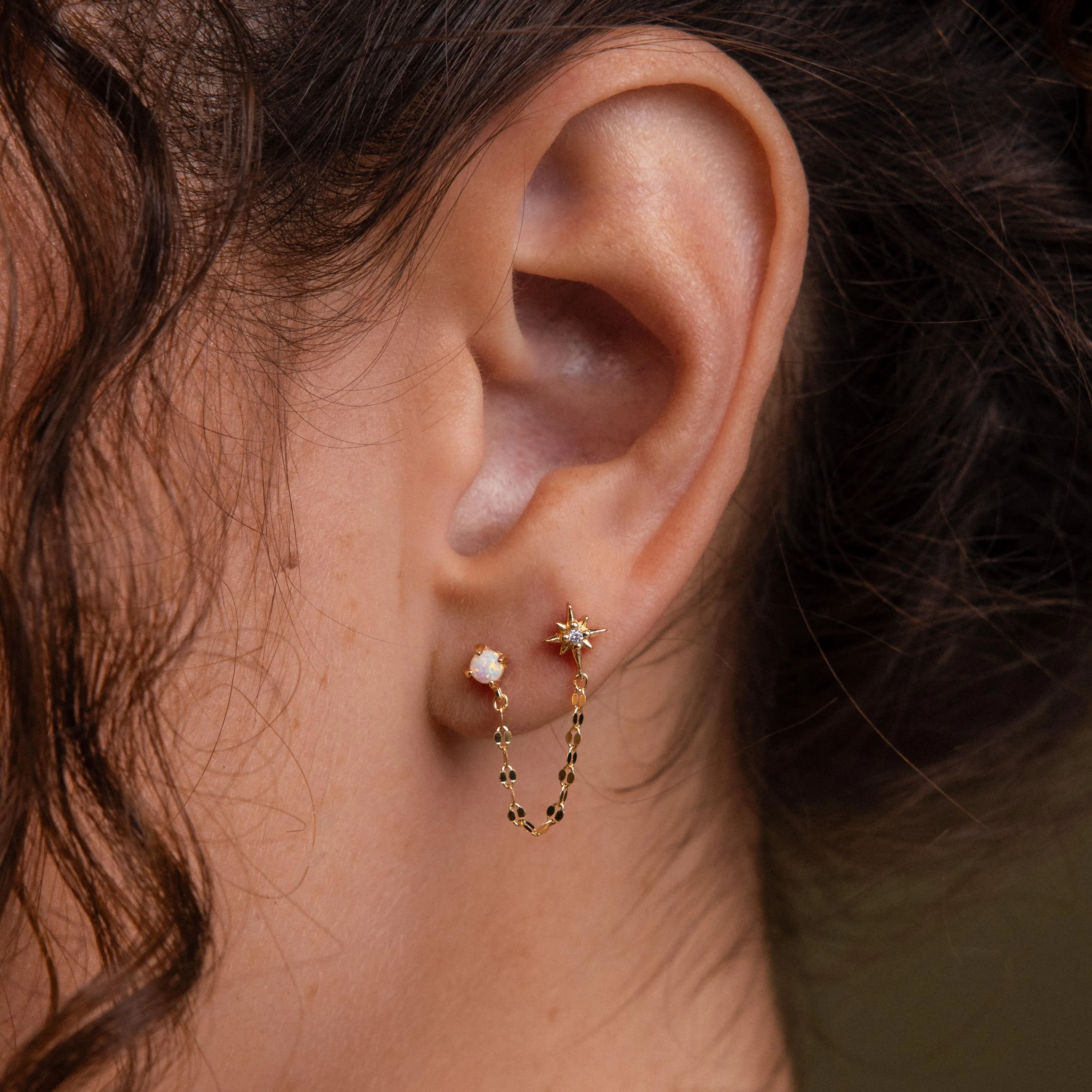 Opal & Star Duo Chain Studs in 18K Gold - Image 2