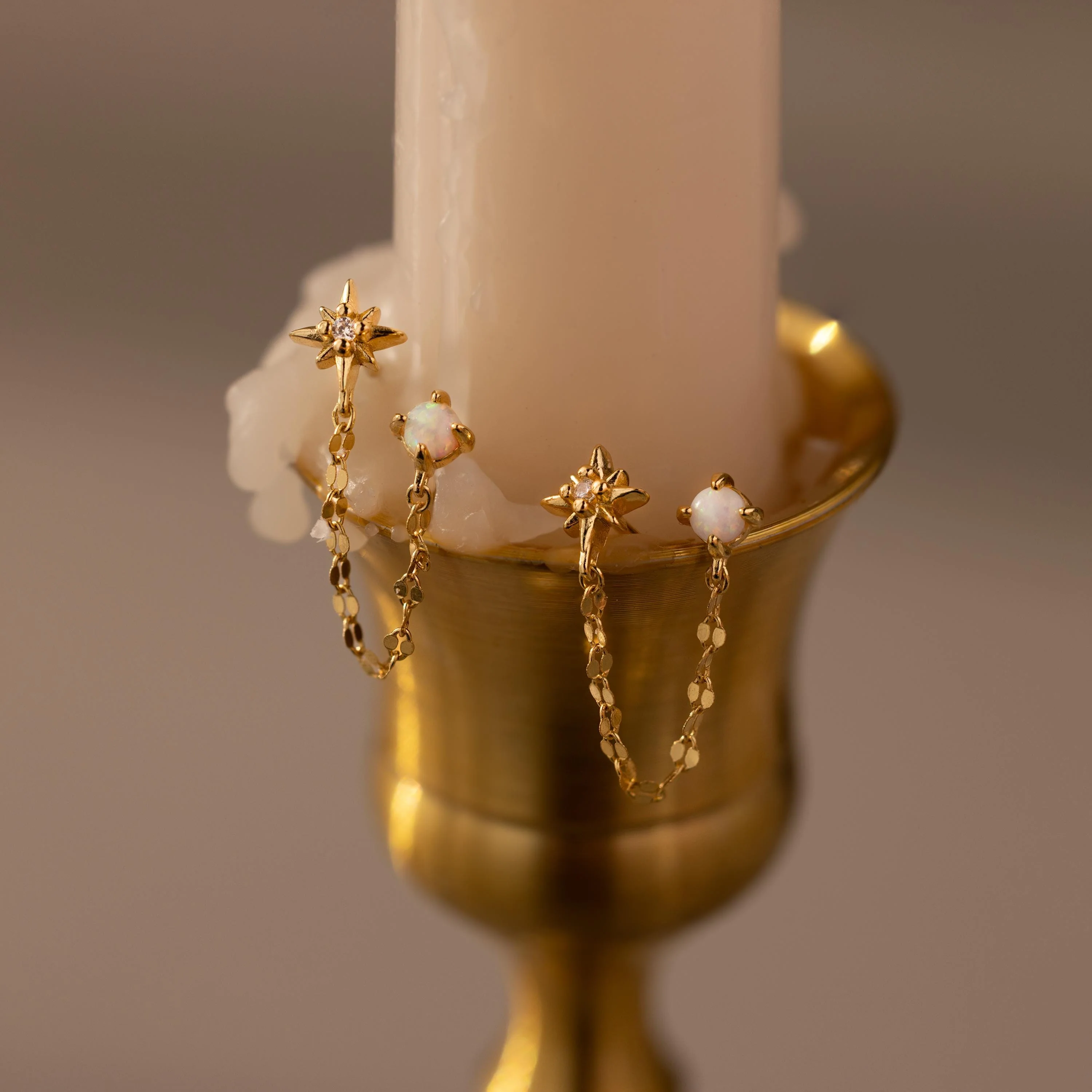 Opal & Star Duo Chain Studs in 18K Gold - Image 3