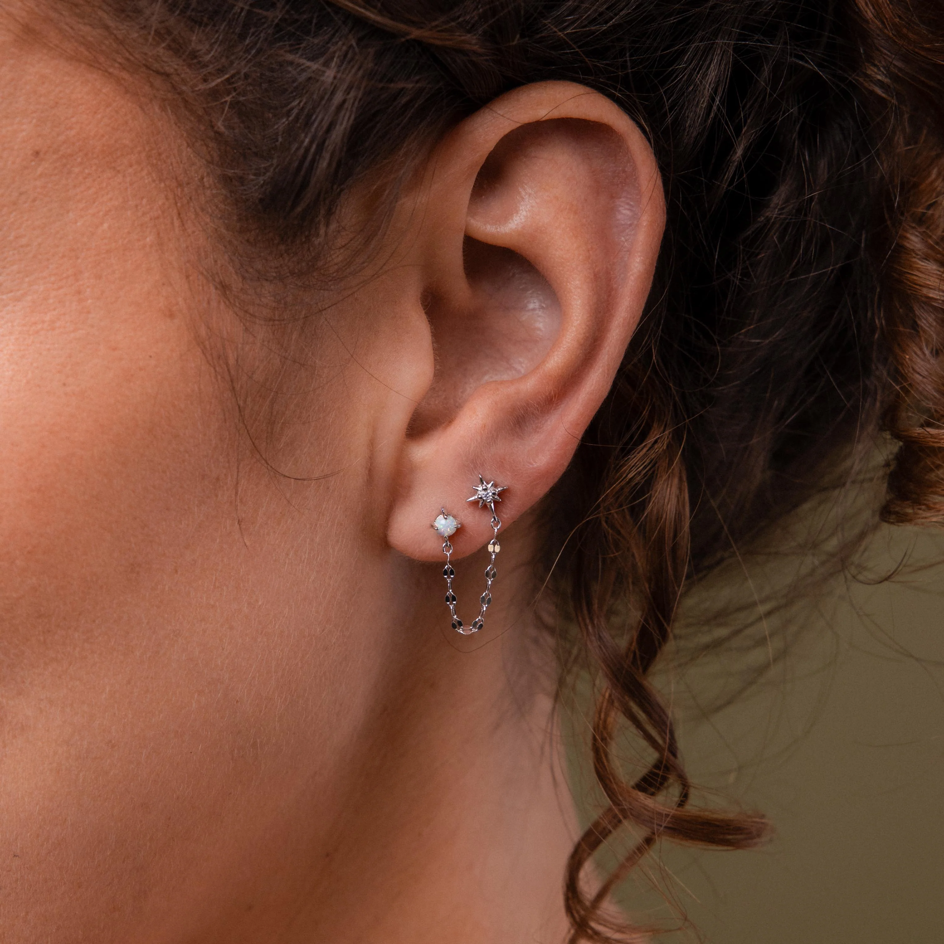 Opal & Star Duo Chain Studs in Silver - Image 2