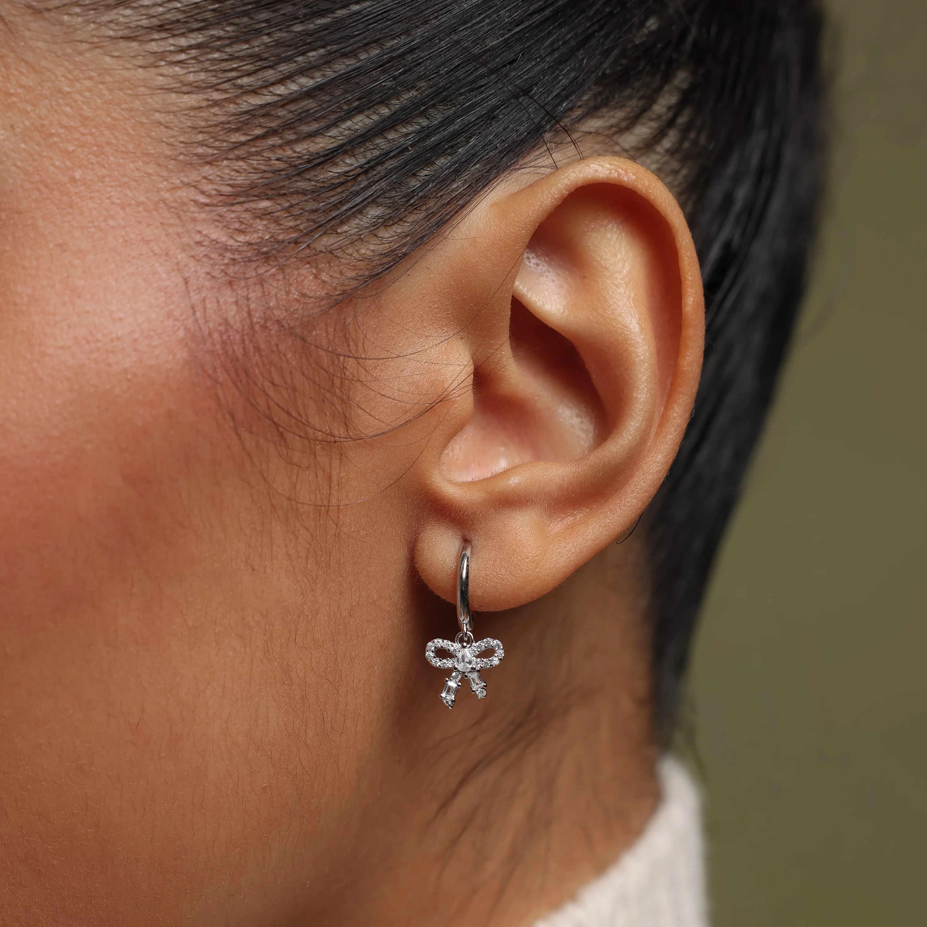 Pave Bow Charm Hoops in Silver - Image 2