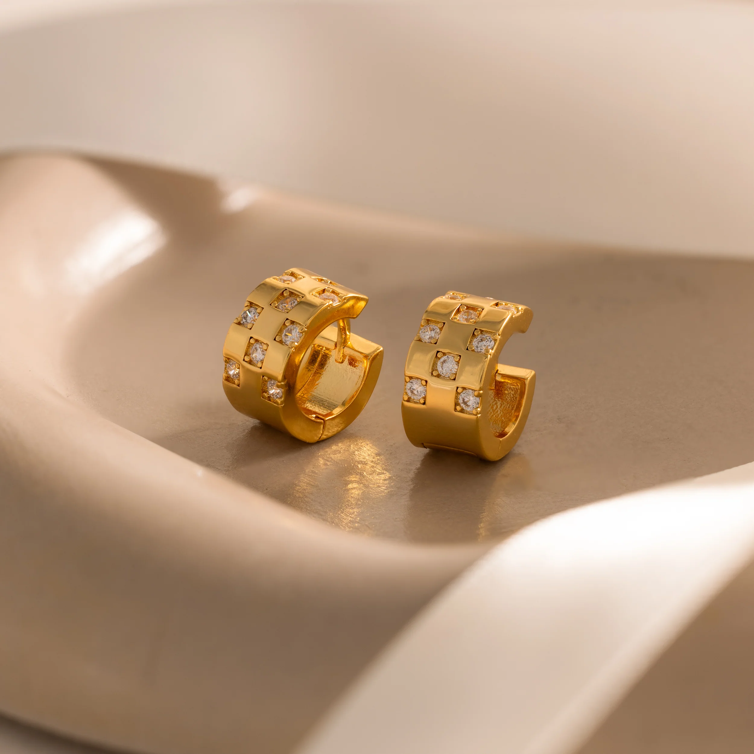 Pave Checkered Huggies in 18K Gold - Image 5