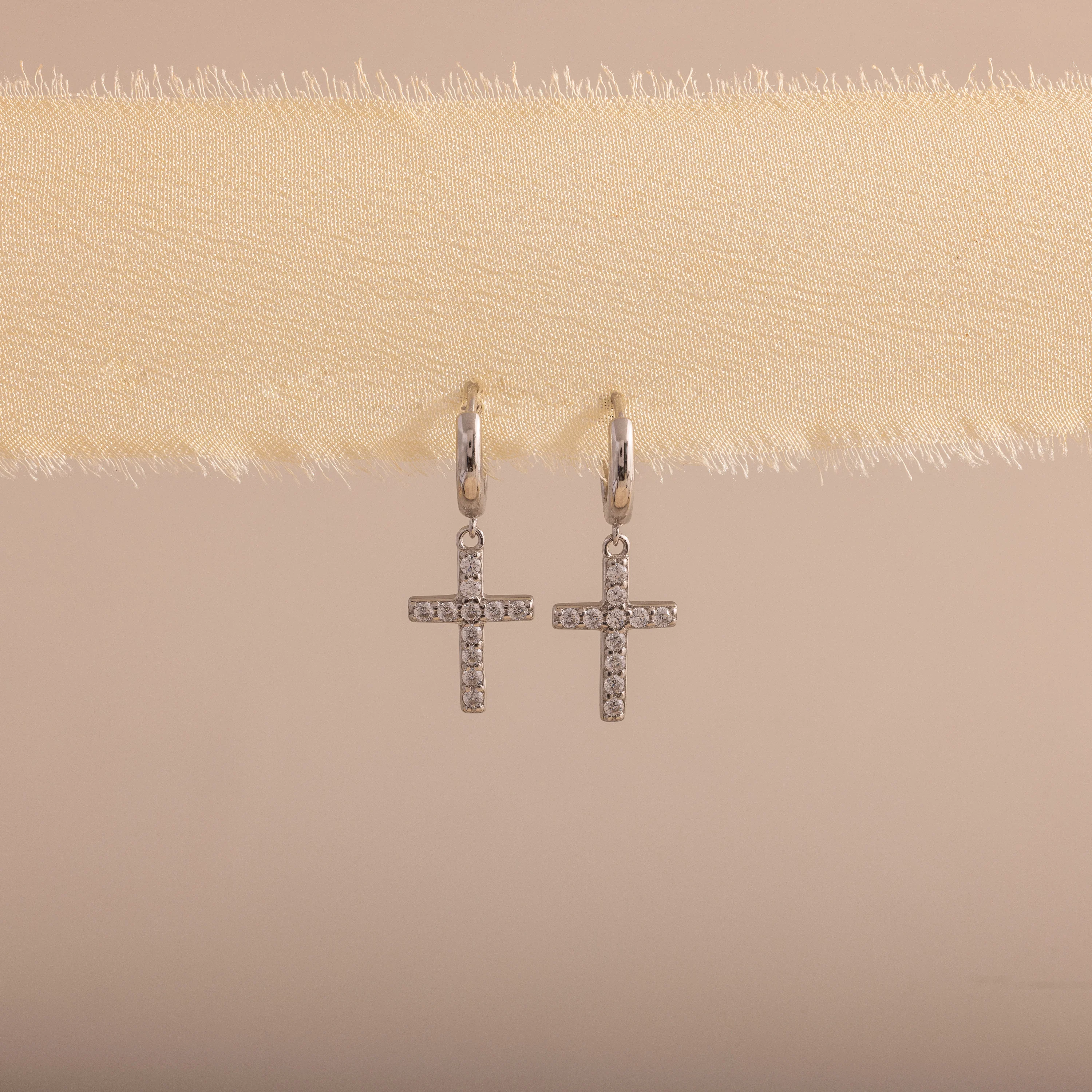 Pave Cross Hoops in Silver