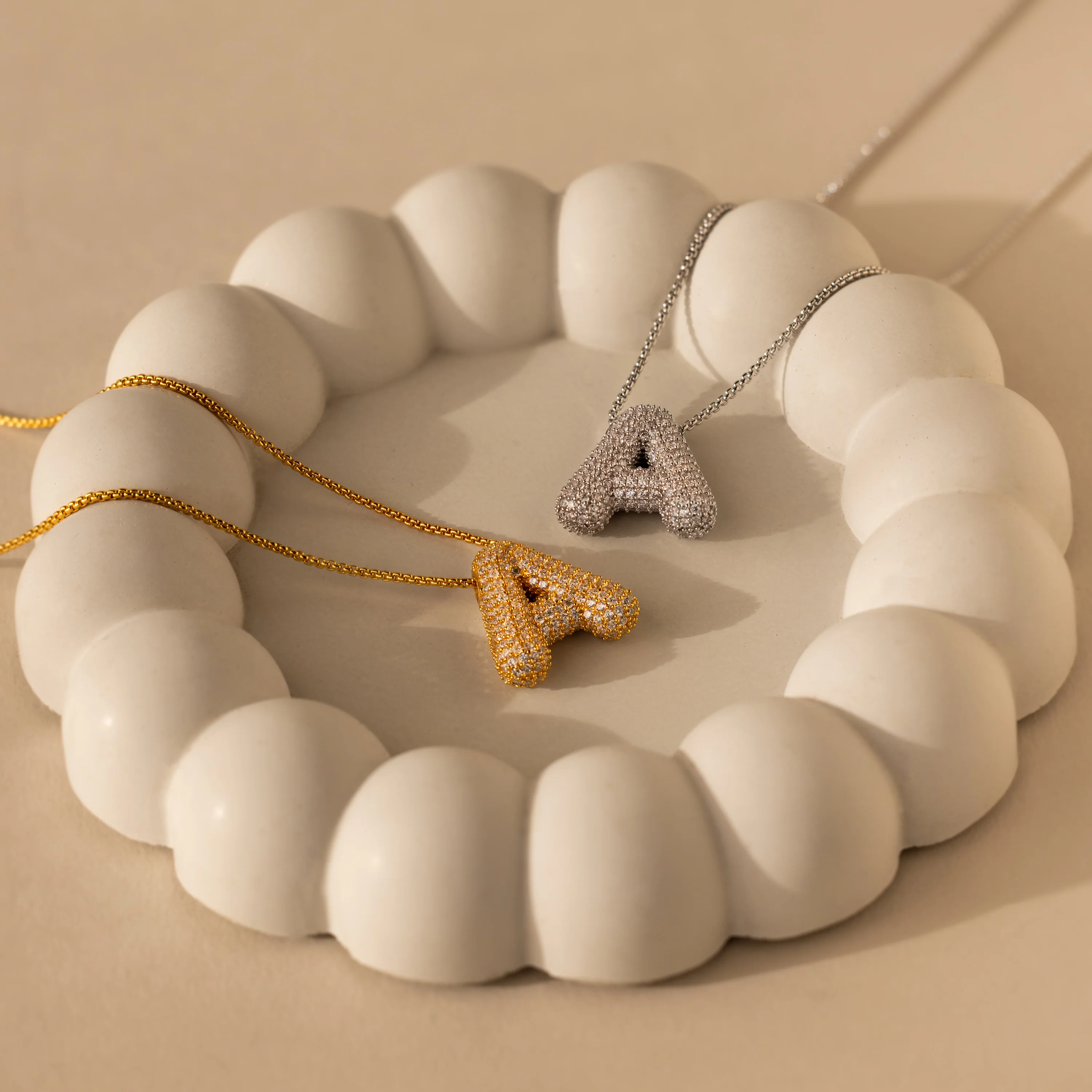Pave Puff Letter Necklace in 18K Gold - Image 3