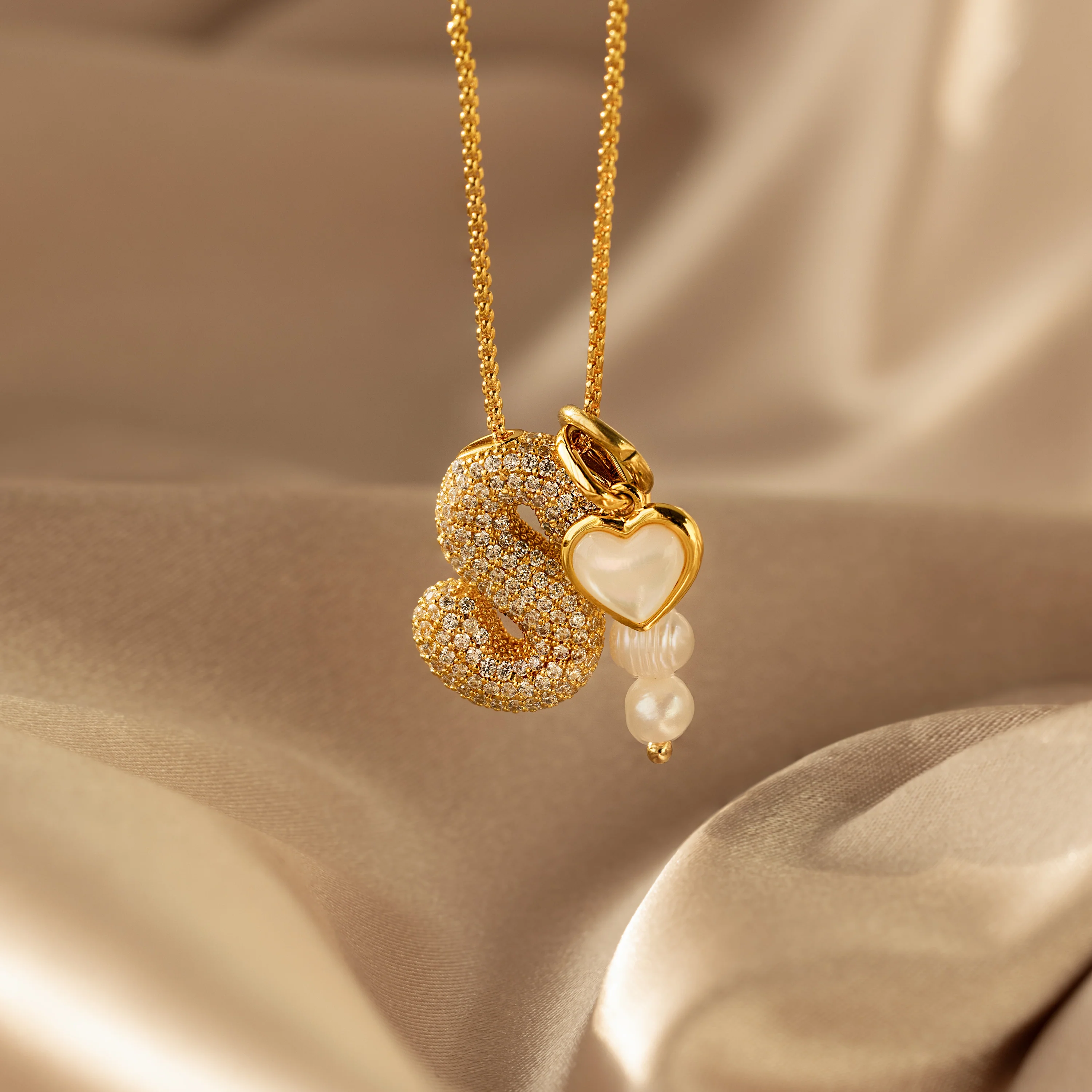 Pave Puff Letter Necklace in 18K Gold - Image 7