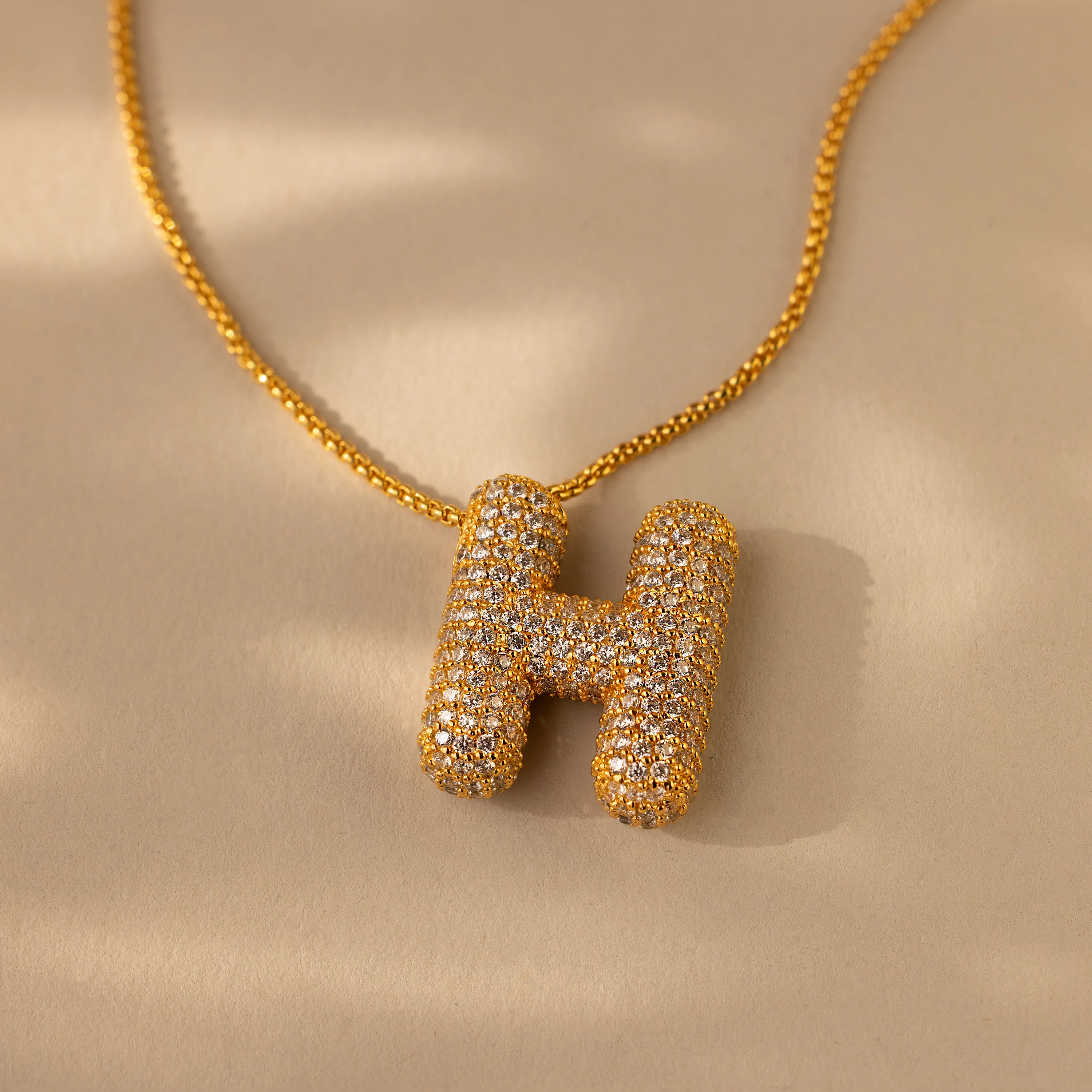Pave Puff Letter Necklace in 18K Gold - Image 14