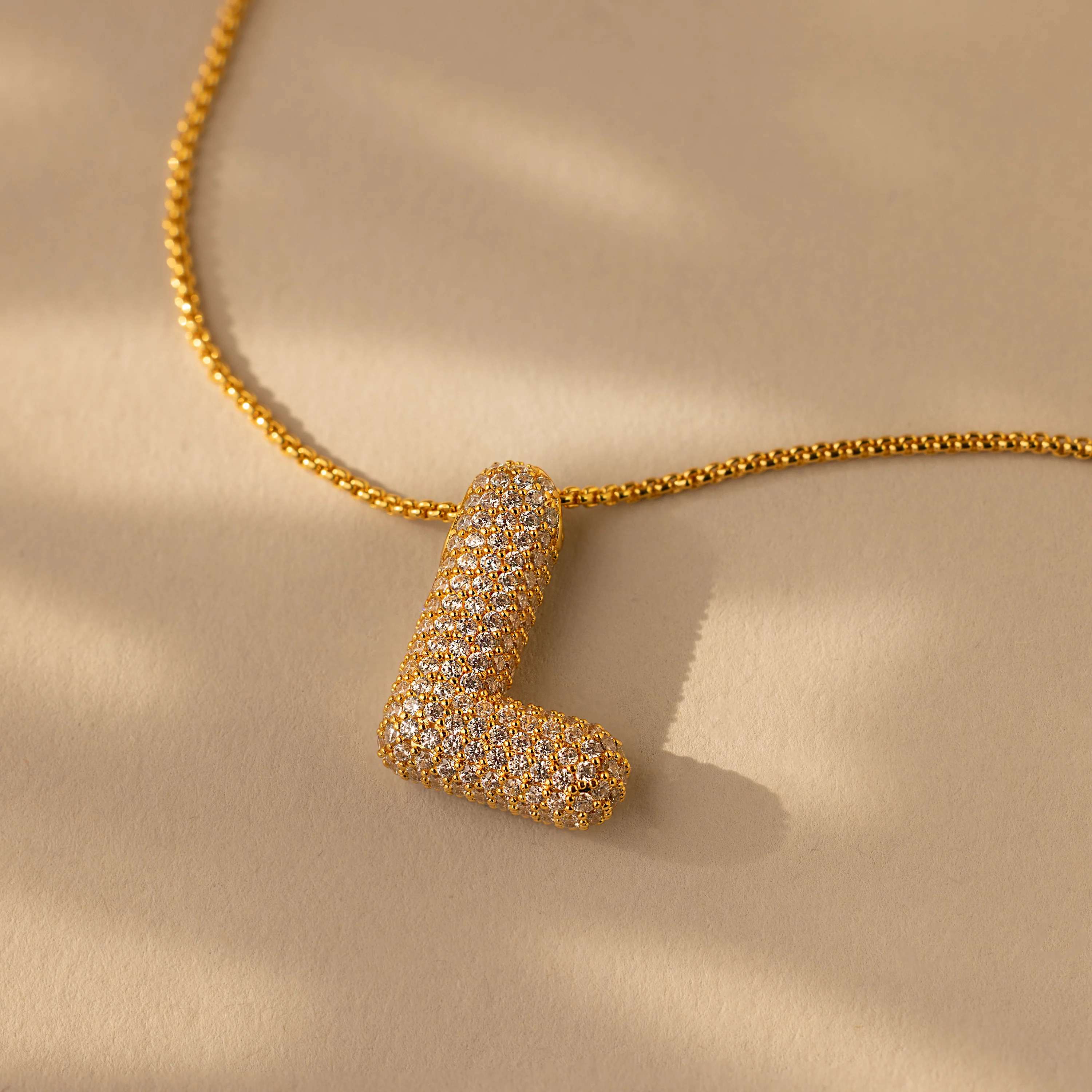Pave Puff Letter Necklace in 18K Gold - Image 17