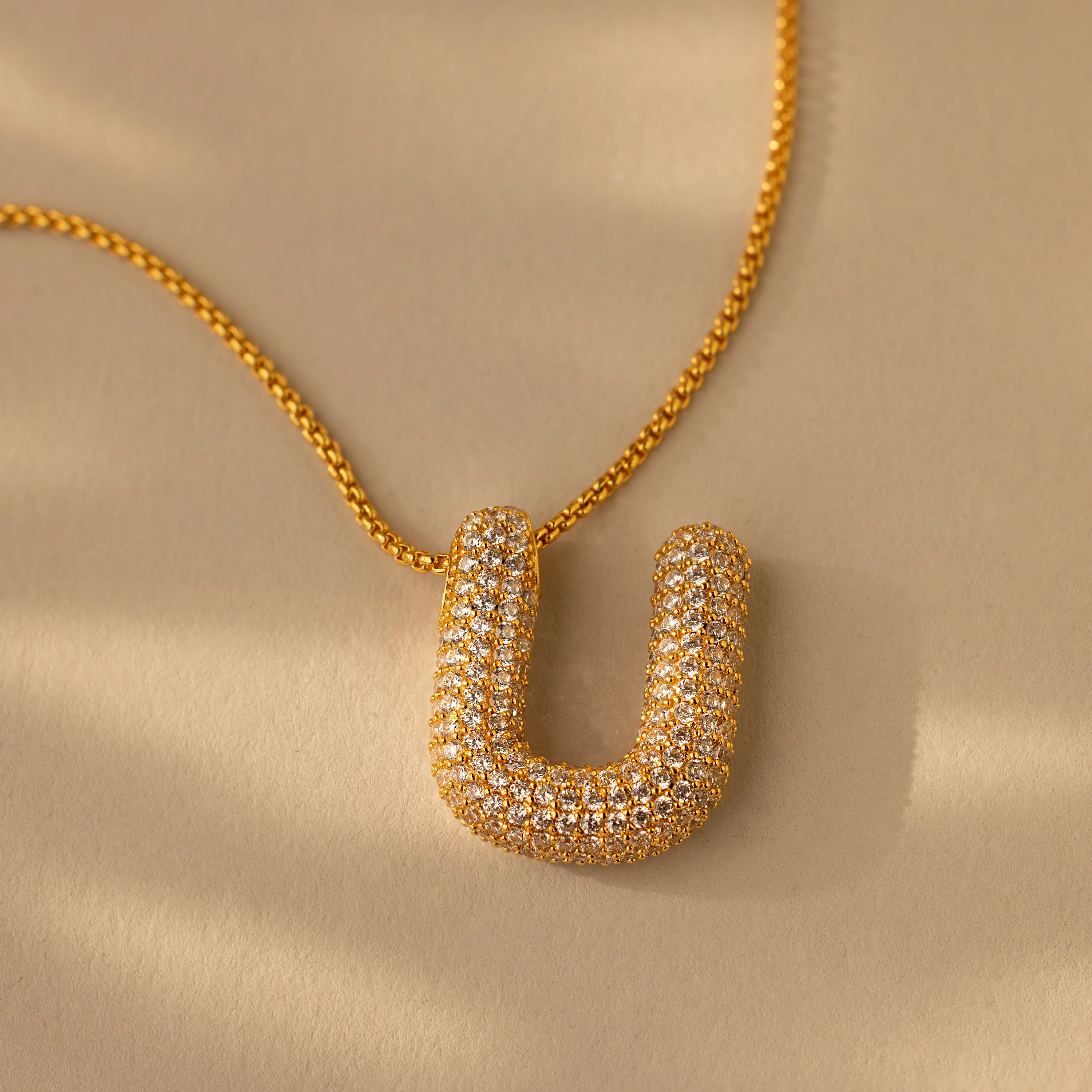 Pave Puff Letter Necklace in 18K Gold - Image 25