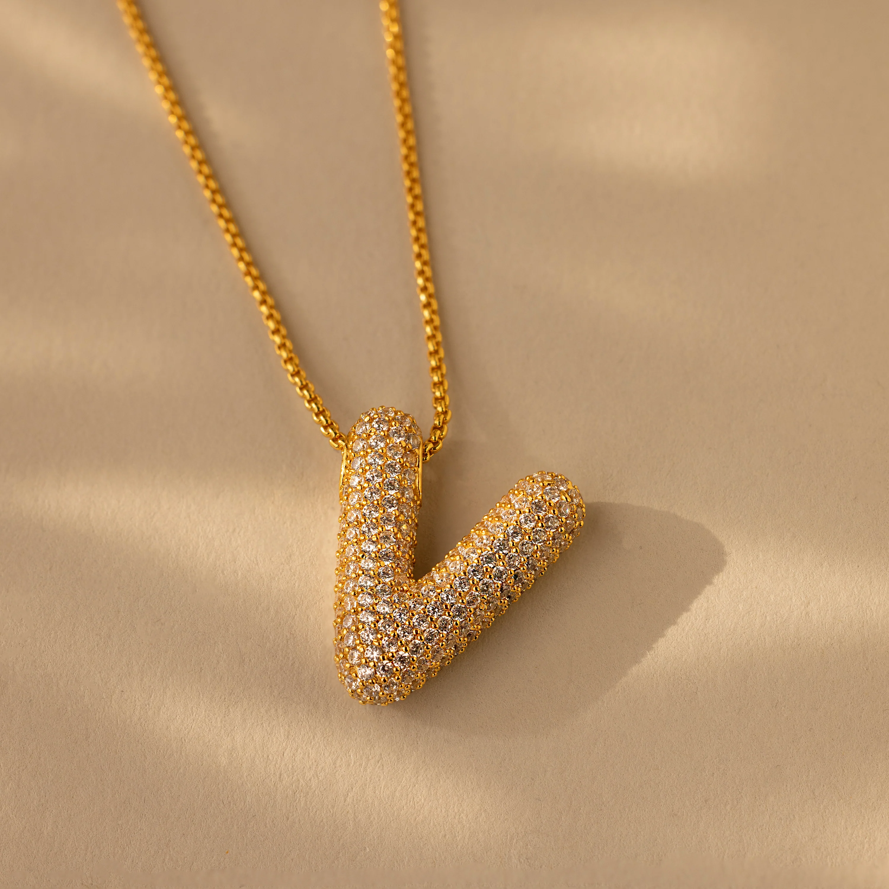 Pave Puff Letter Necklace in 18K Gold - Image 26