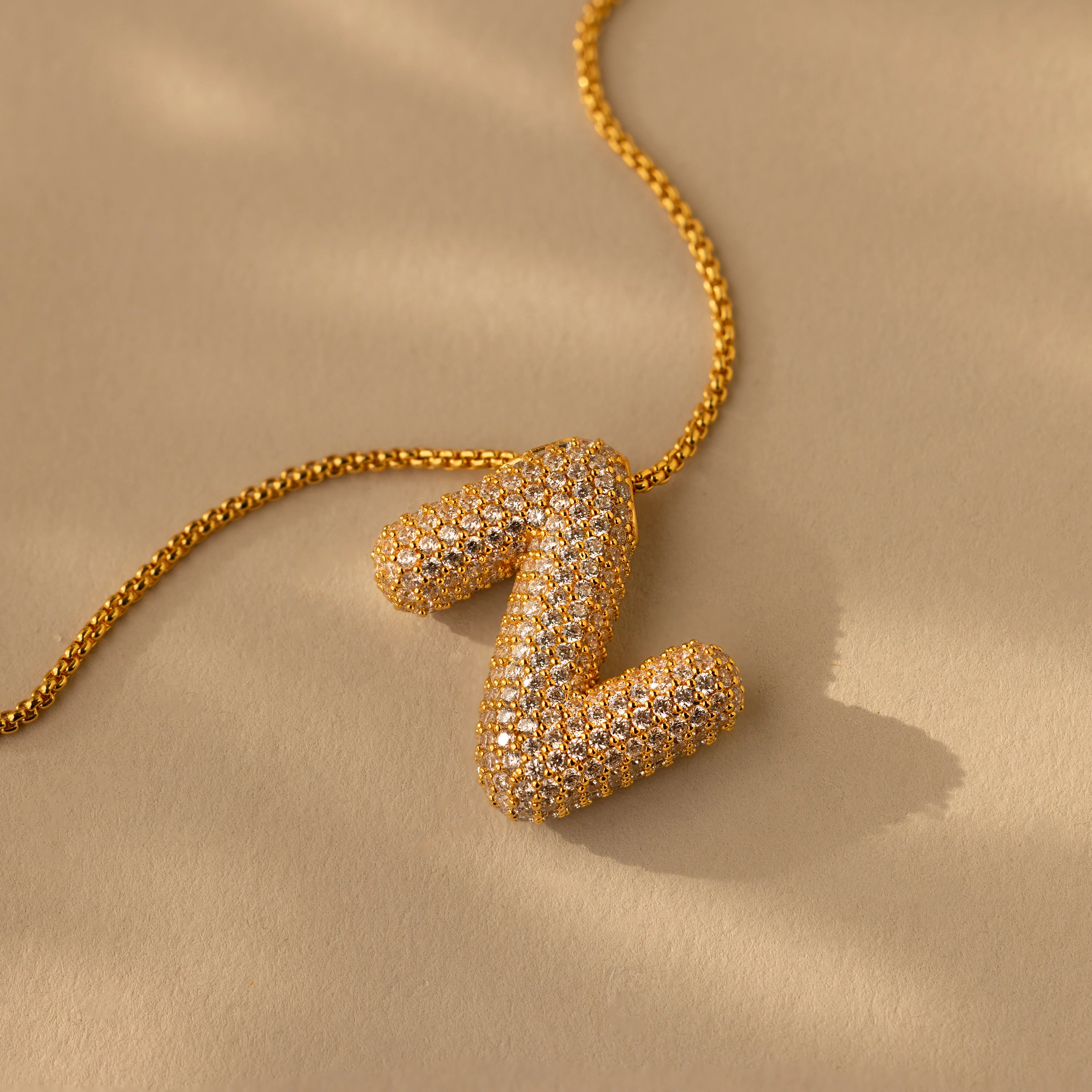 Pave Puff Letter Necklace in 18K Gold - Image 34