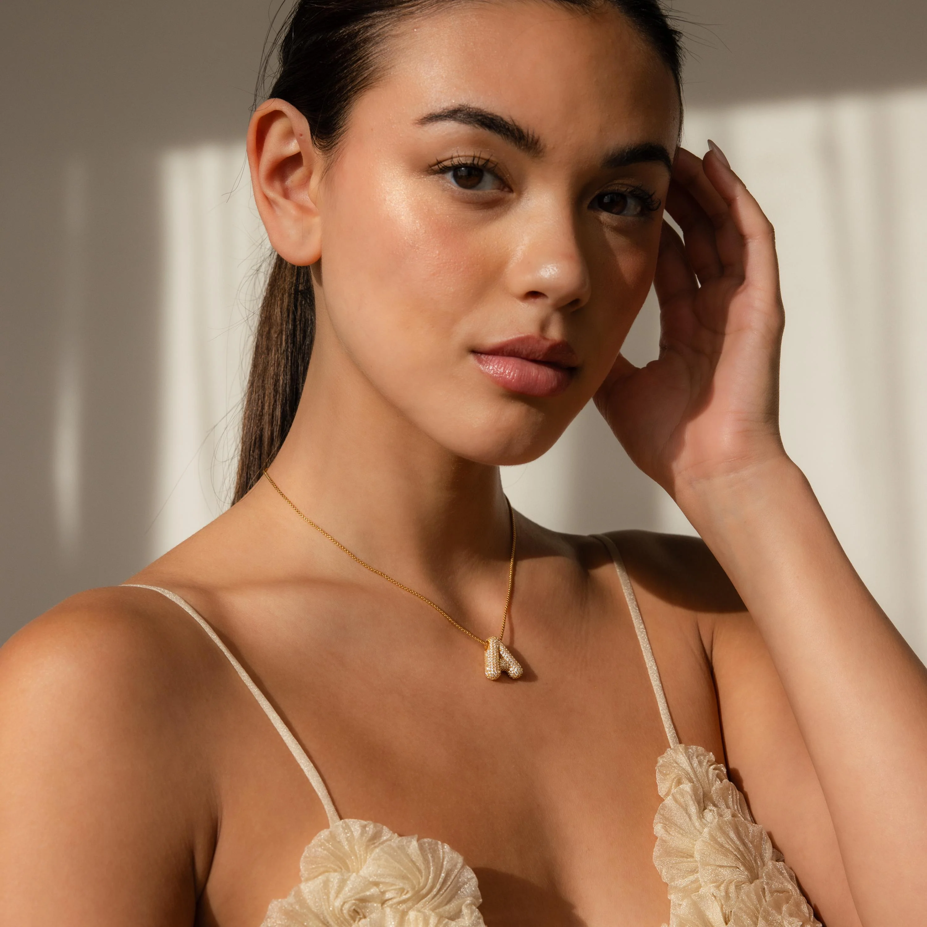 Pave Puff Letter Necklace in 18K Gold - Image 6
