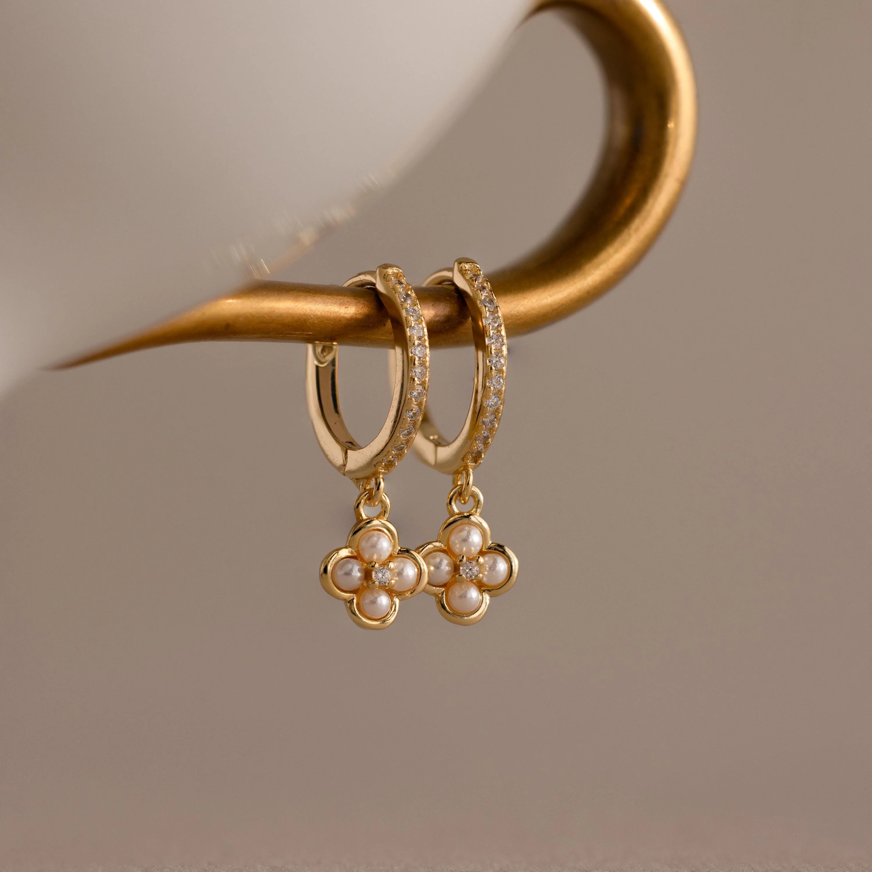 Pave Rounded Pearl Flower Hoops