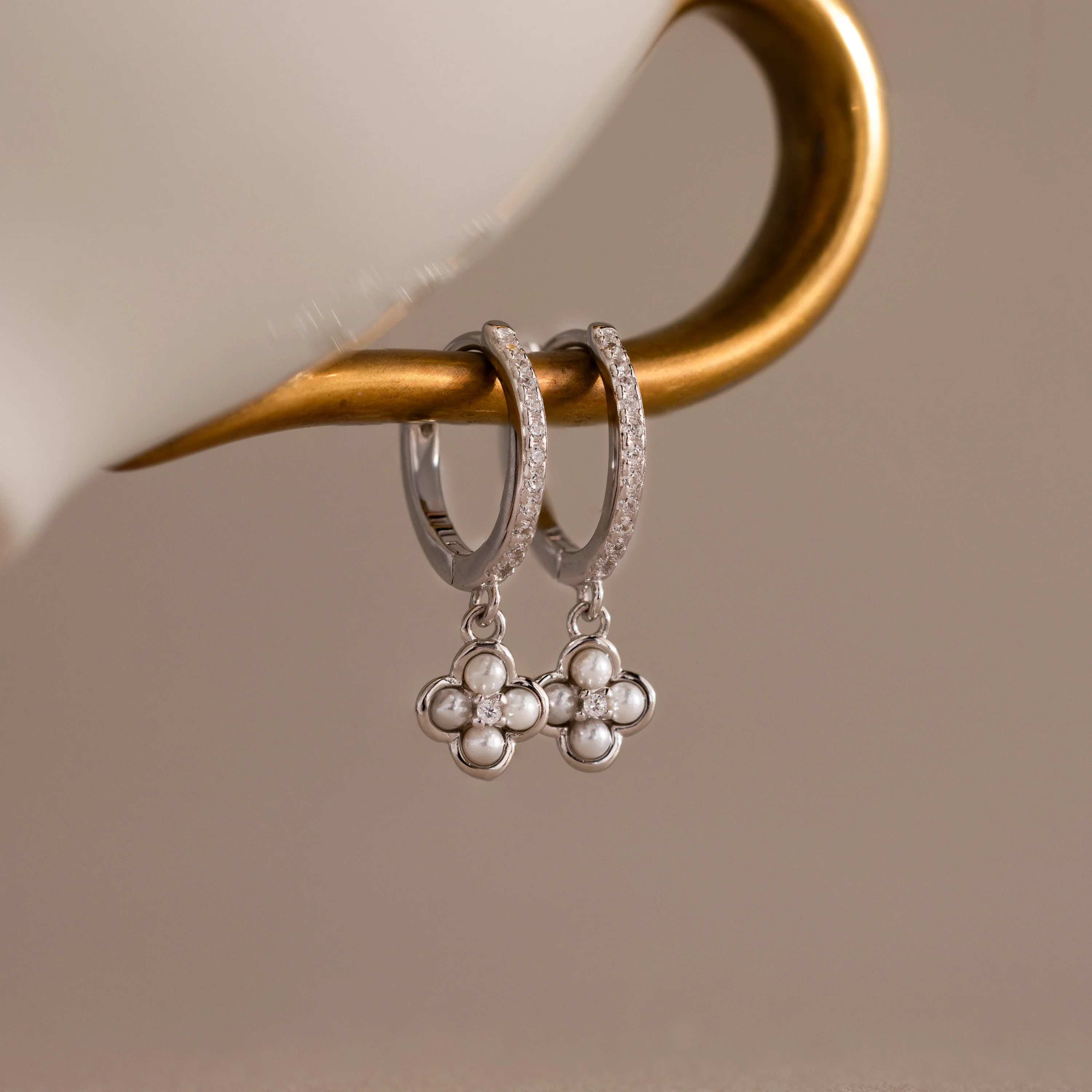 Pave Rounded Pearl Flower Hoops - Image 2