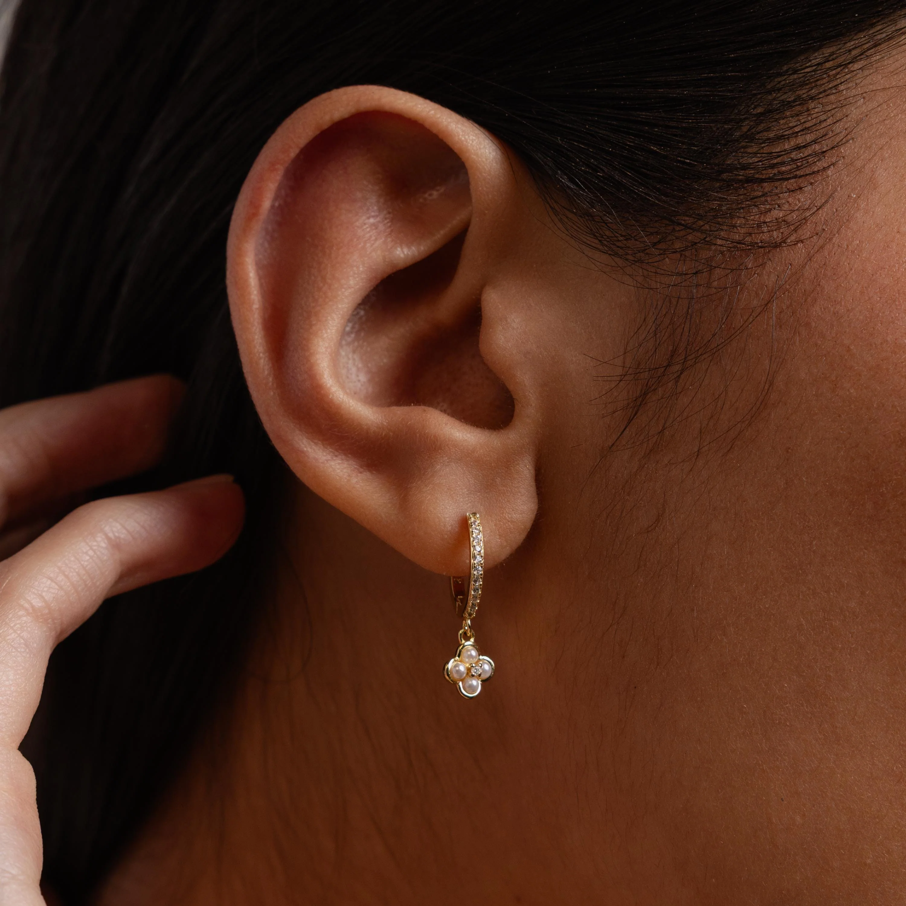 Pave Rounded Pearl Flower Hoops - Image 3