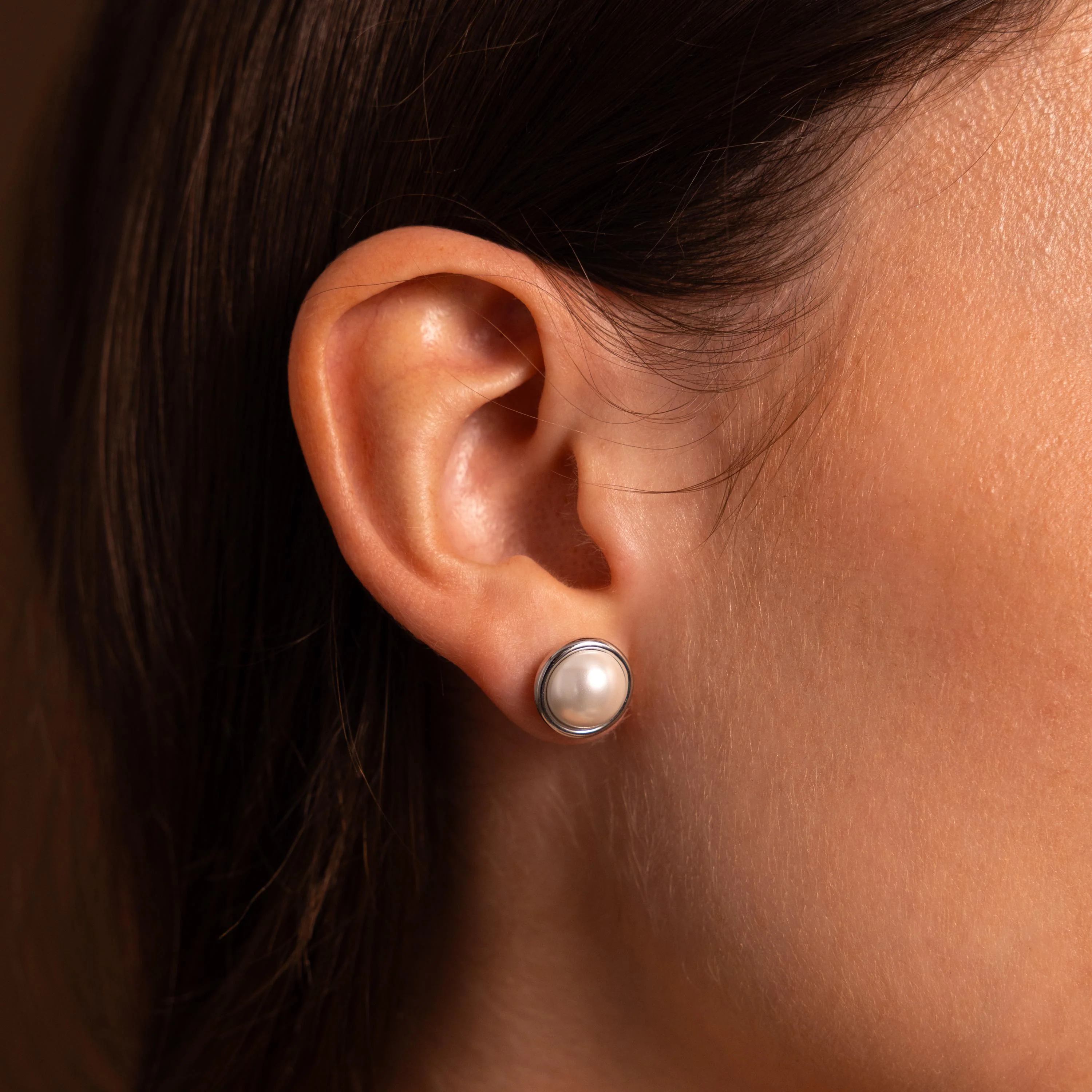 Pearl Bezel Studs in Silver - Image 2