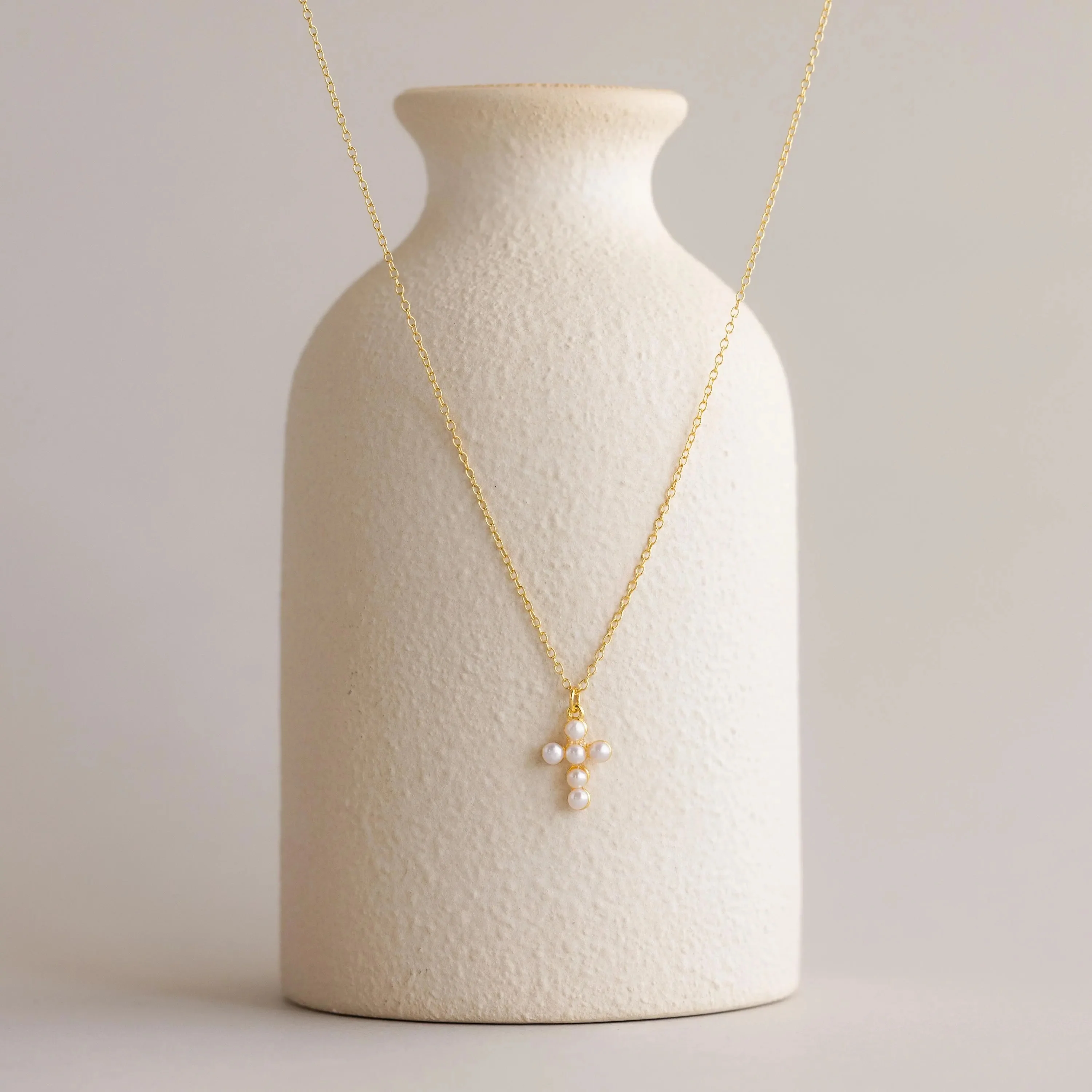 Pearl Cross Necklace in 18K Gold - Image 3