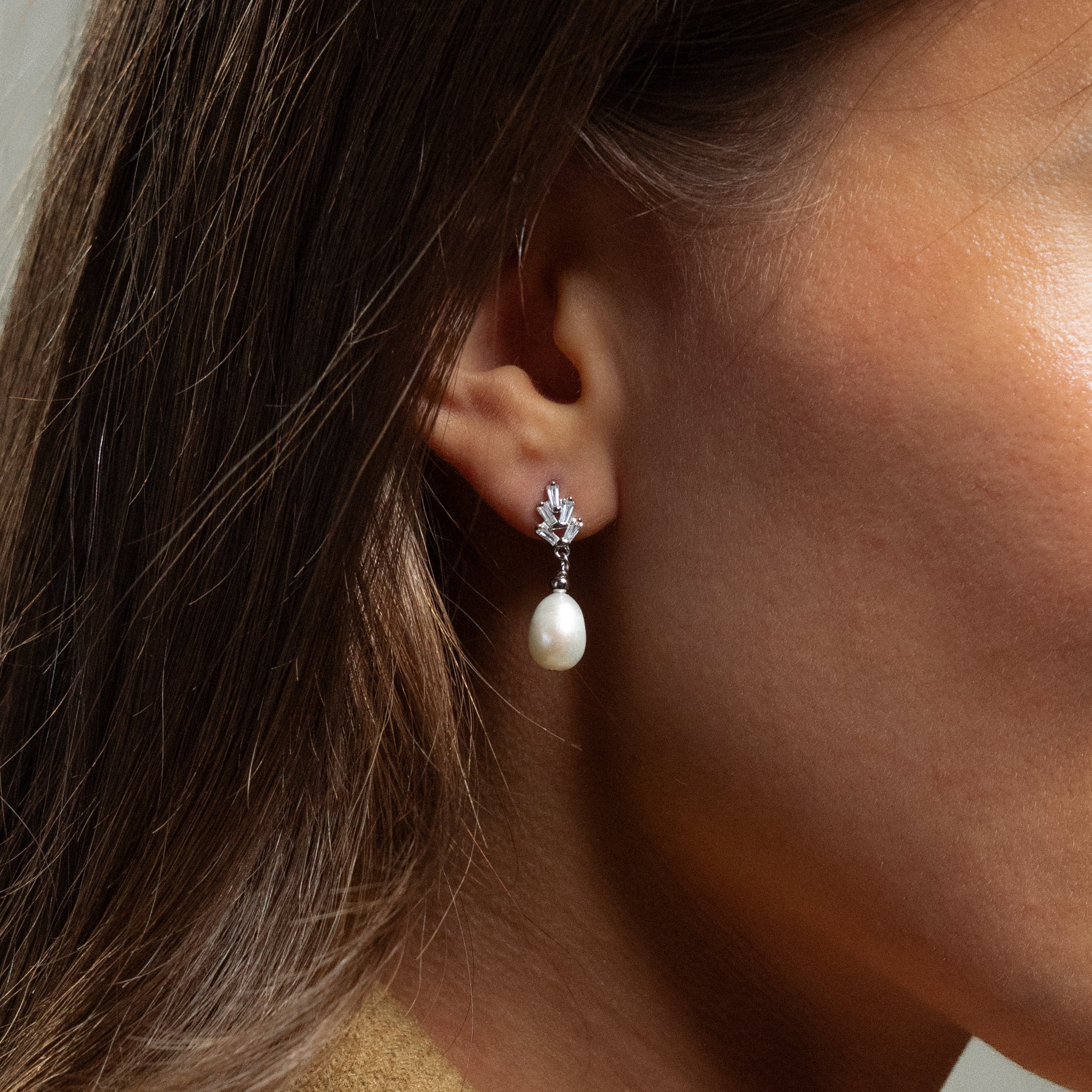 Pearl Diamond Drop Earrings in Silver - Image 2