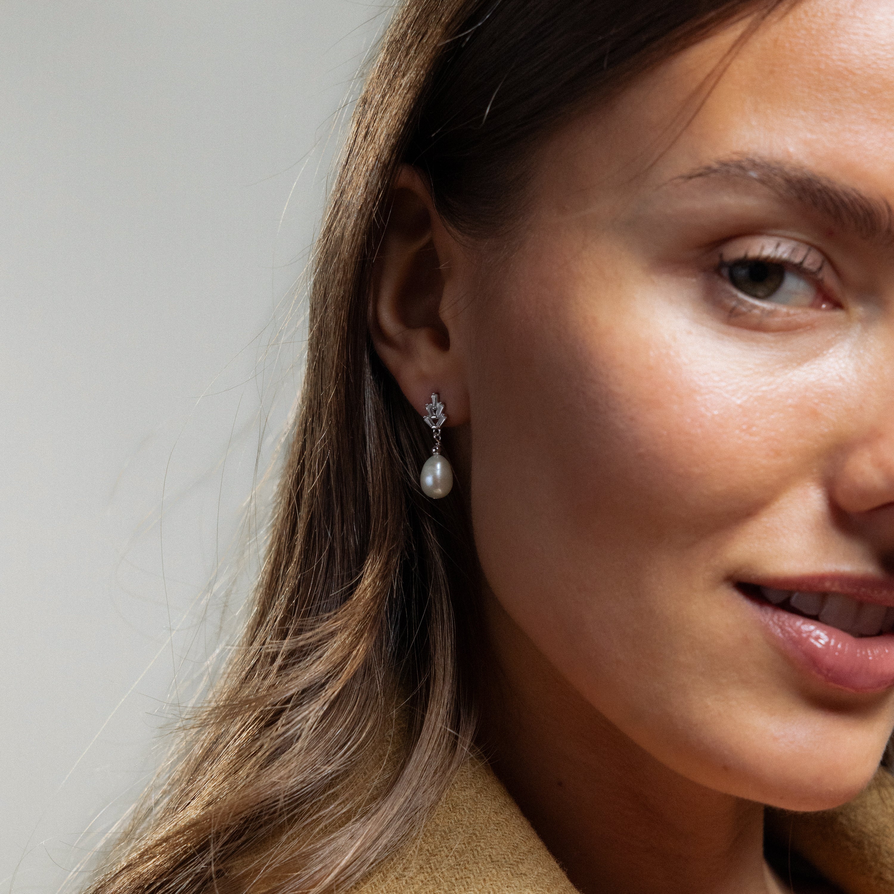 Pearl Diamond Drop Earrings in Silver - Image 6