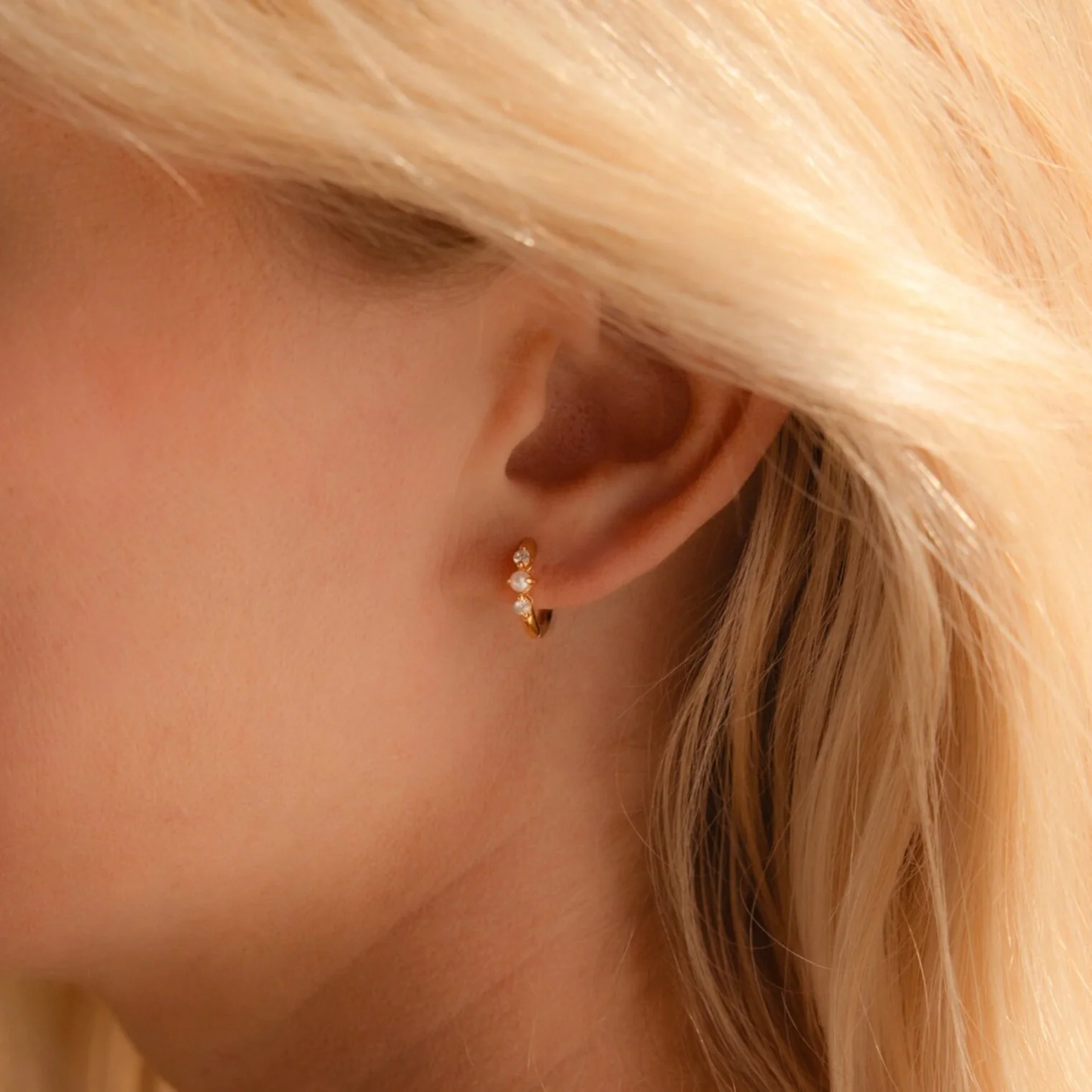Pearl Diamond Huggies in 18K Gold - Image 2