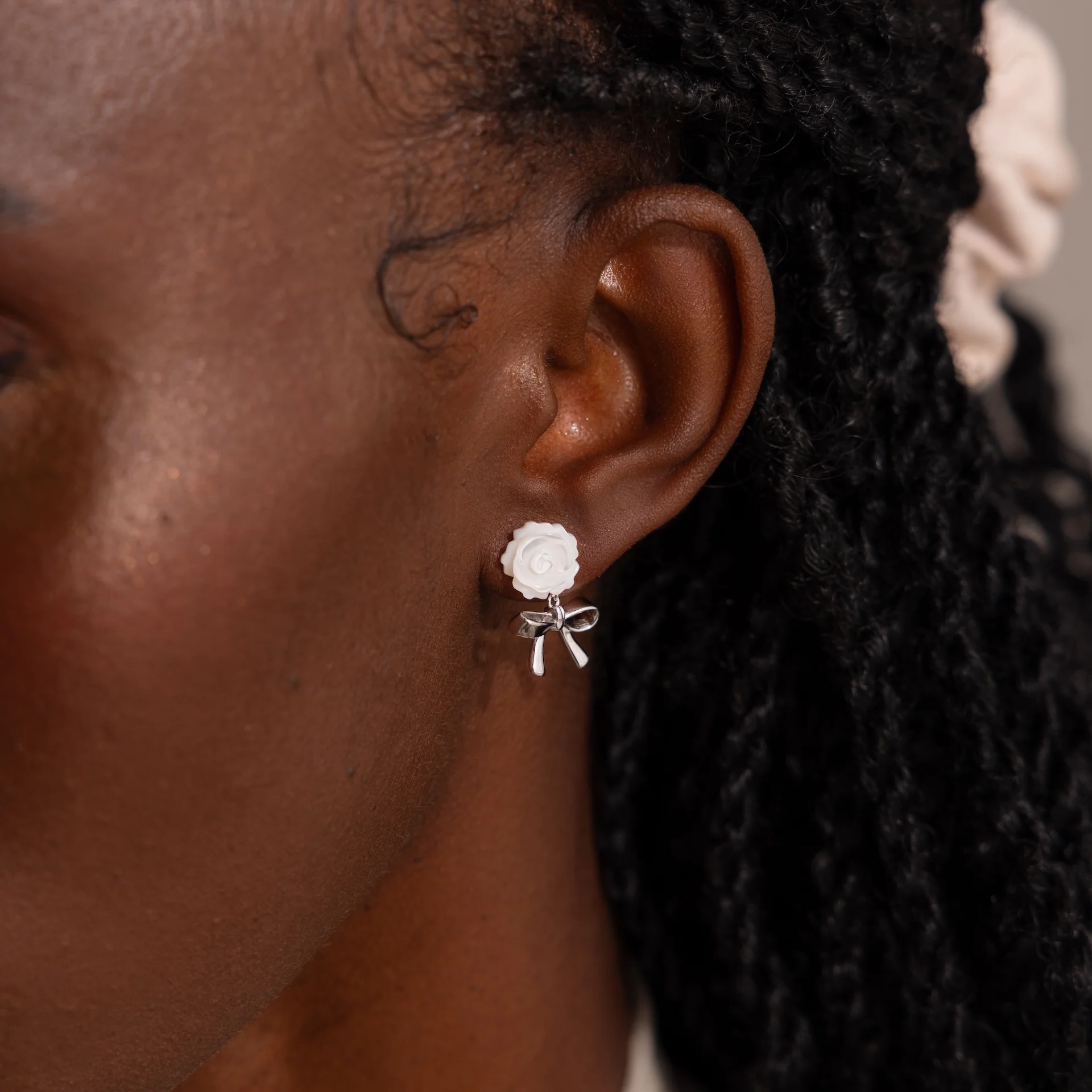 Pearl Rose Ribbon Studs in Silver - Image 2