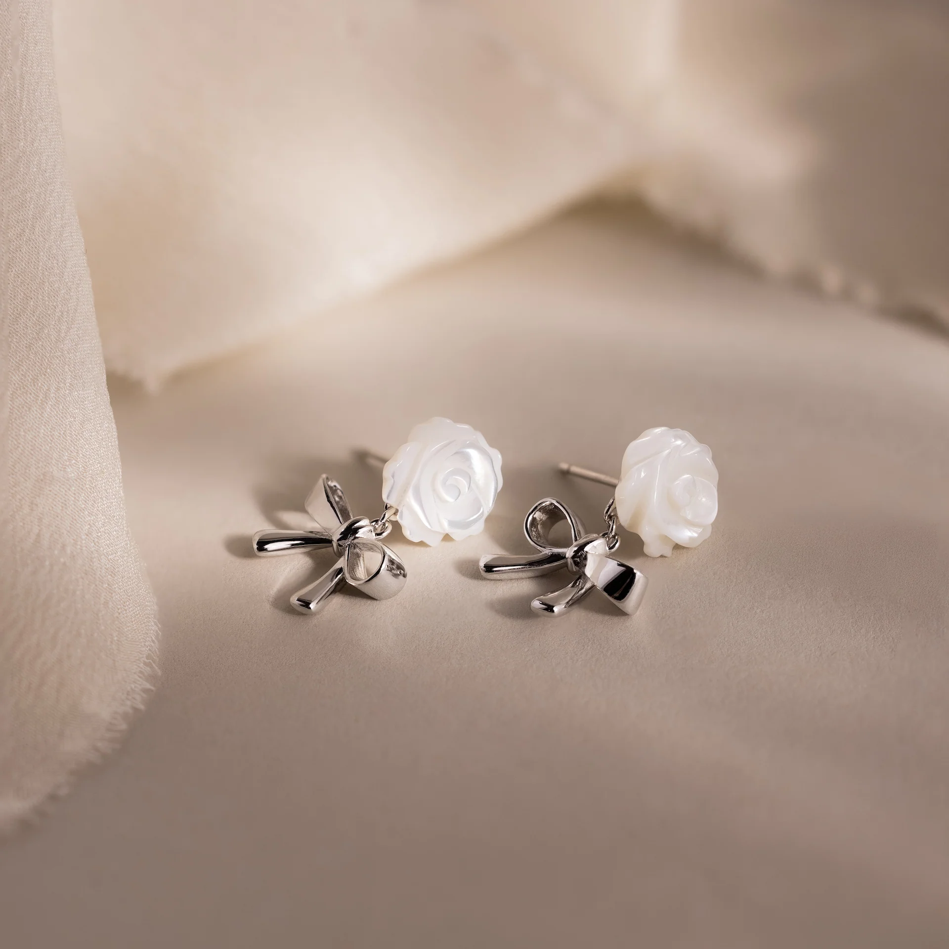 Pearl Rose Ribbon Studs in Silver - Image 3