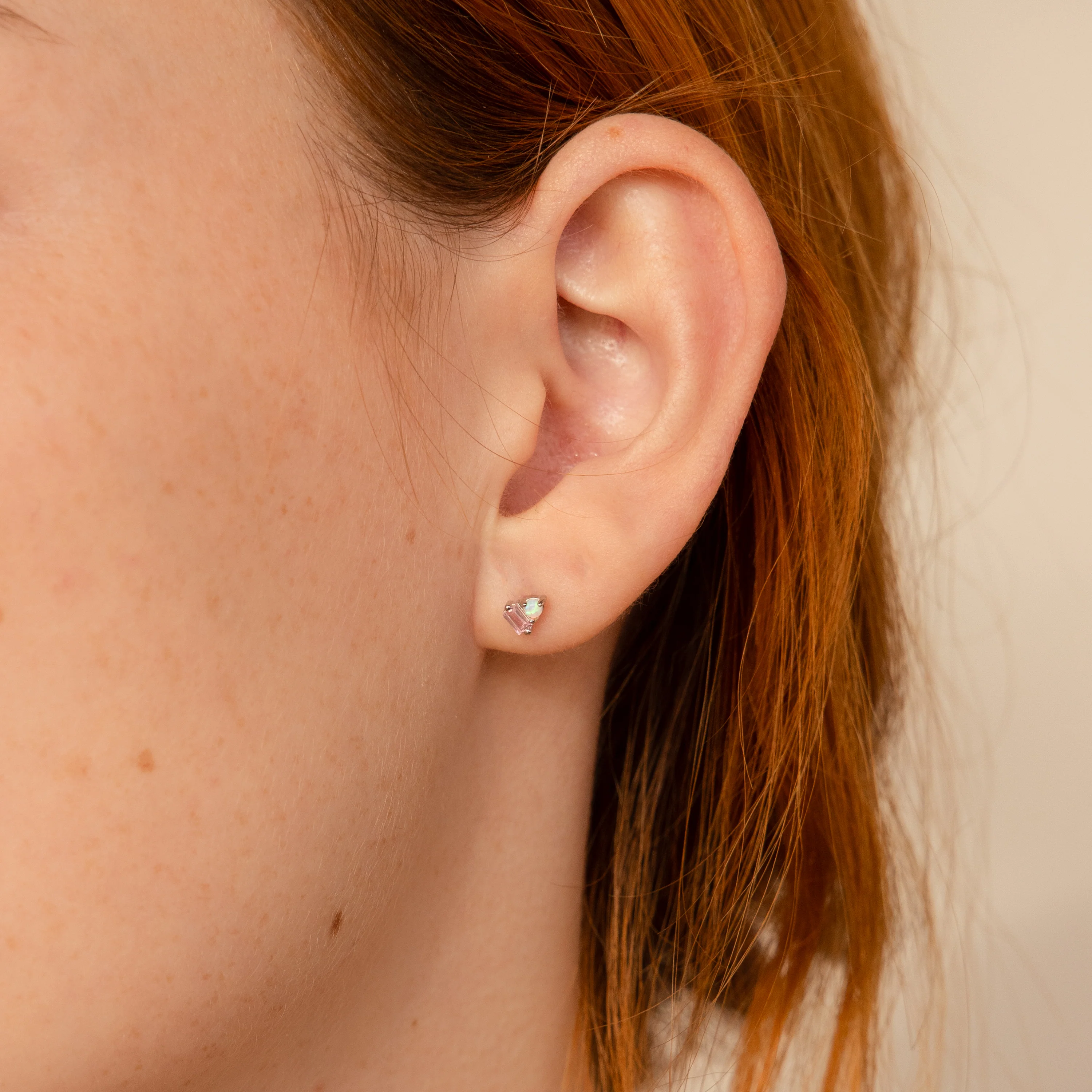 Pink Baguette Opal Studs in Silver - Image 2