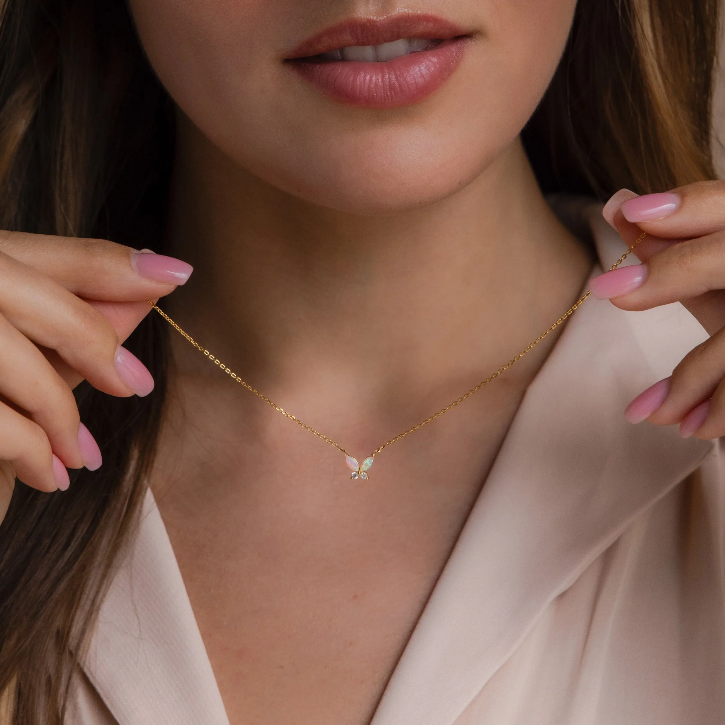 Pink Opal Butterfly Necklace in 18K Gold - Image 2