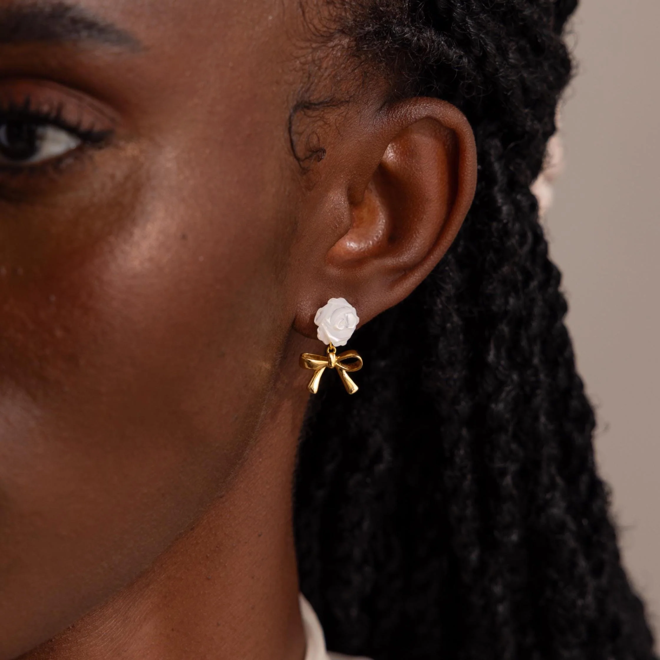 Pearl Rose Ribbon Studs in 18K Gold - Image 2