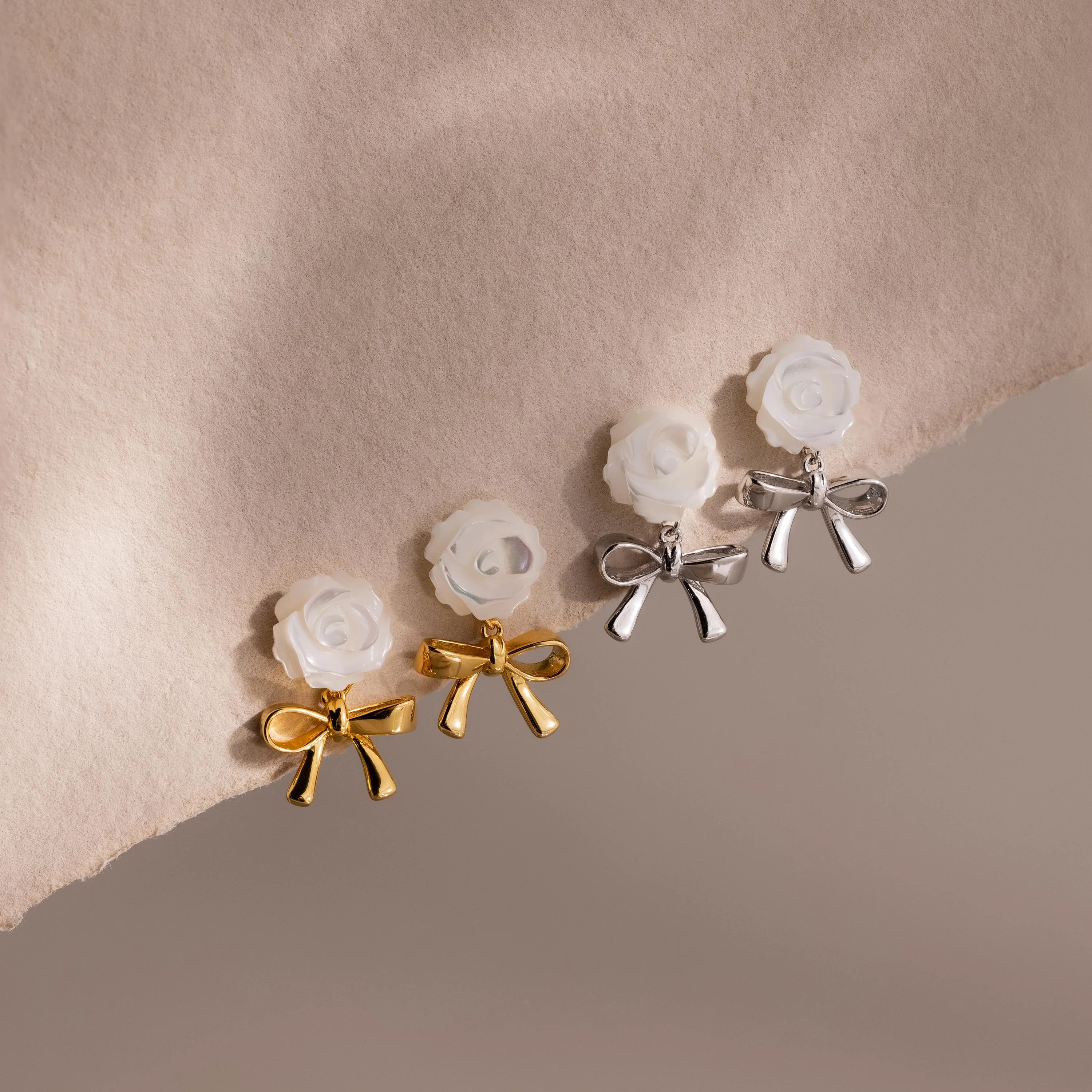 Pearl Rose Ribbon Studs in 18K Gold - Image 5