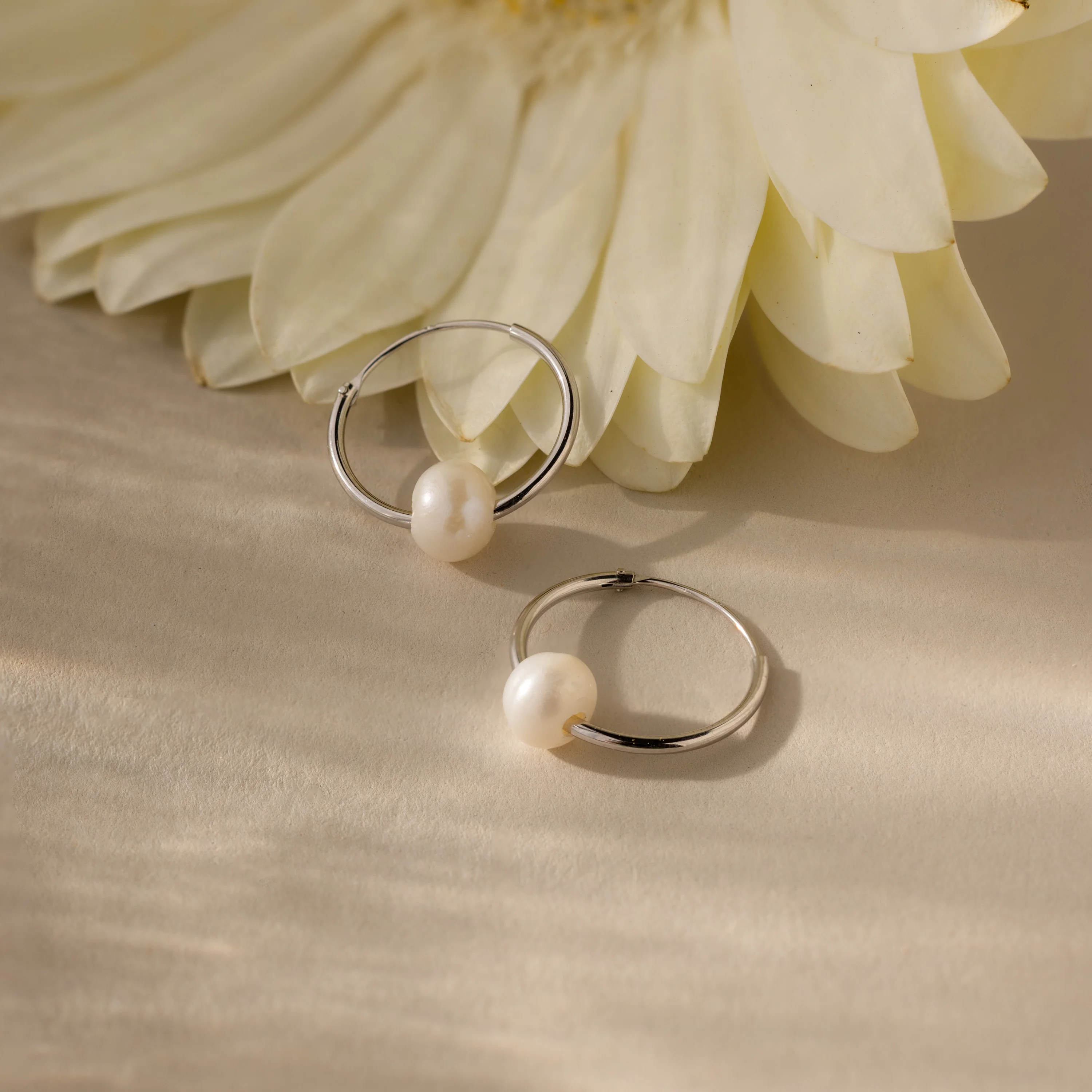 Round Pearl Hoops in Silver - Image 5