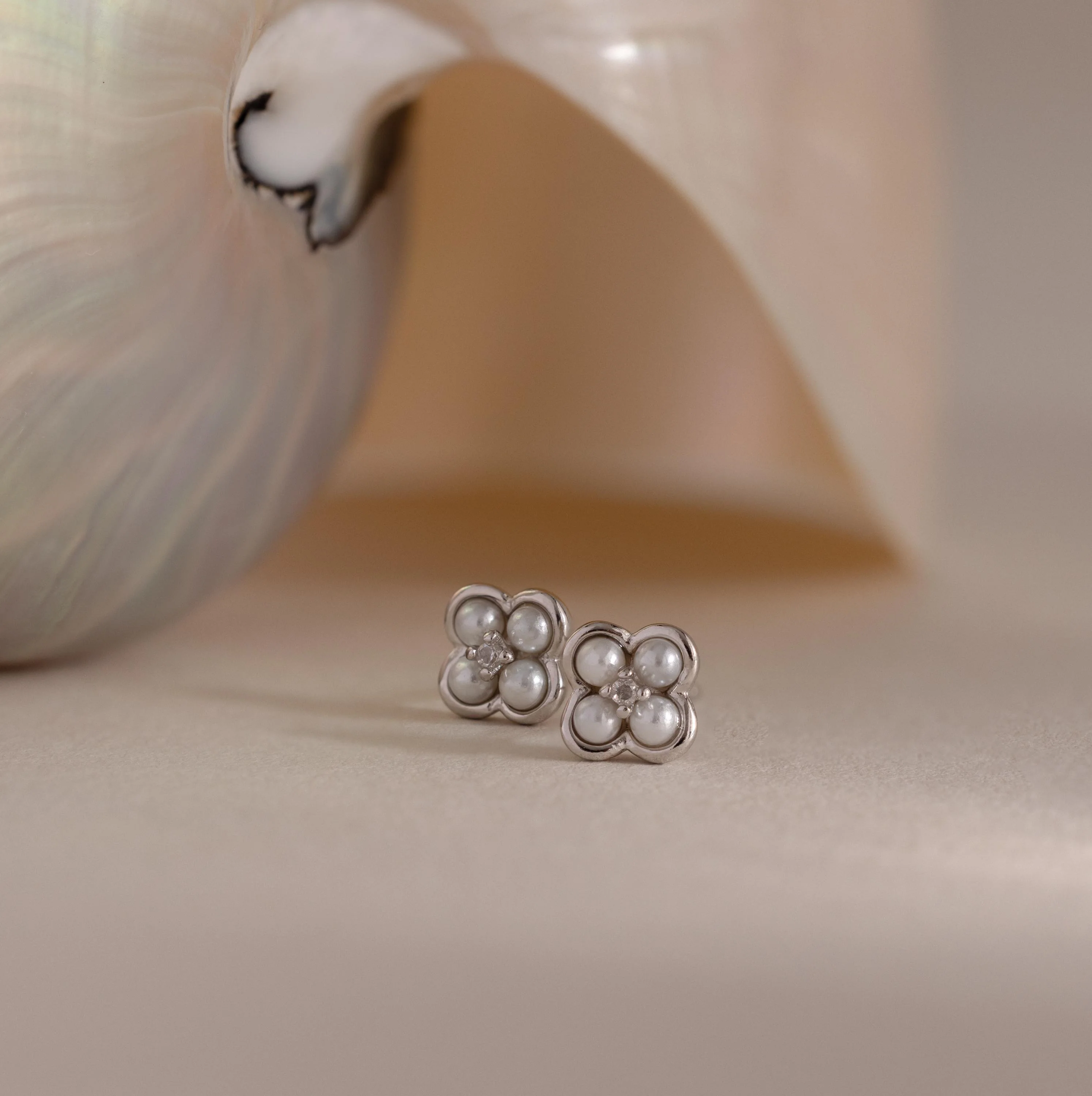 Rounded Pearl Flower Studs in Silver - Image 3