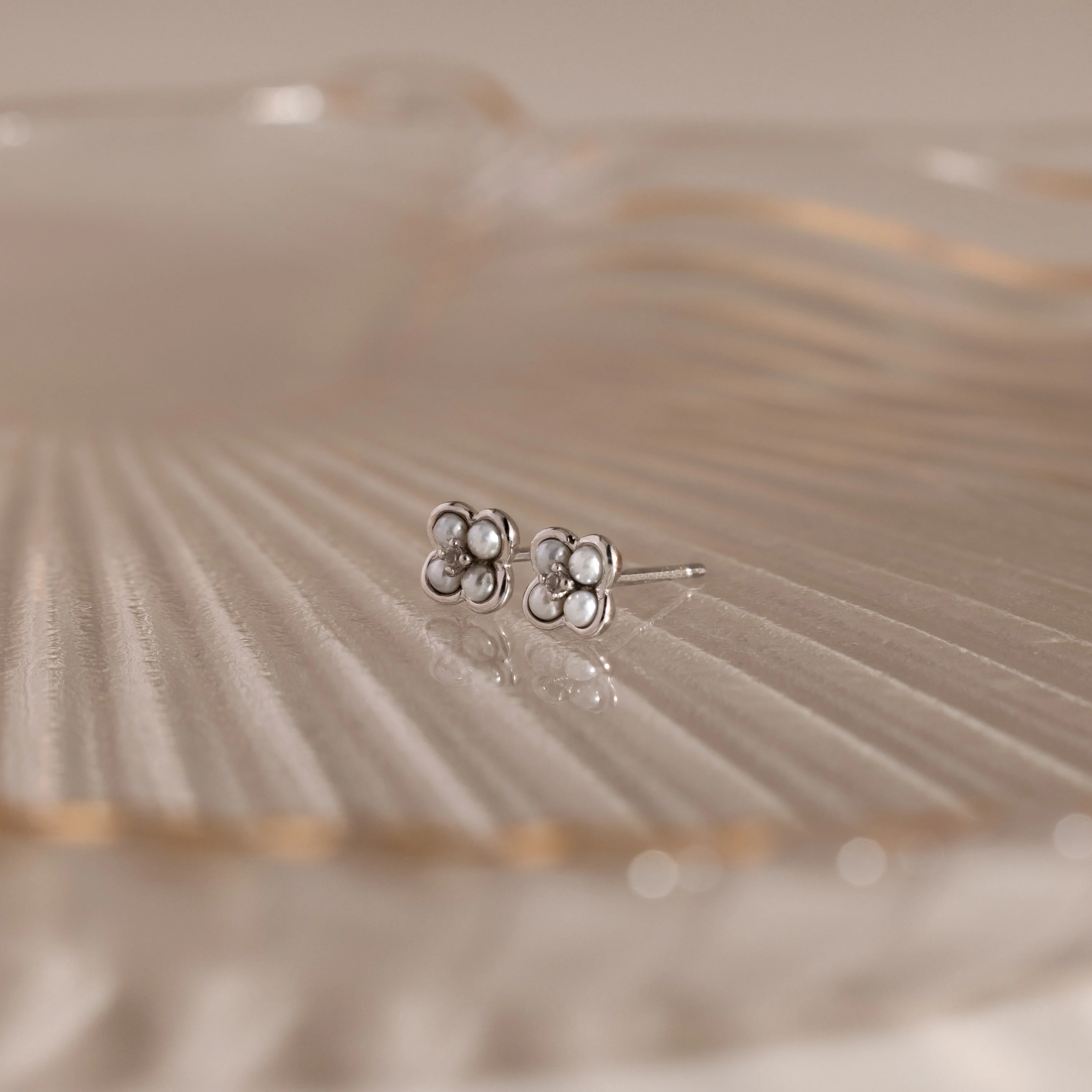 Rounded Pearl Flower Studs in Silver - Image 5