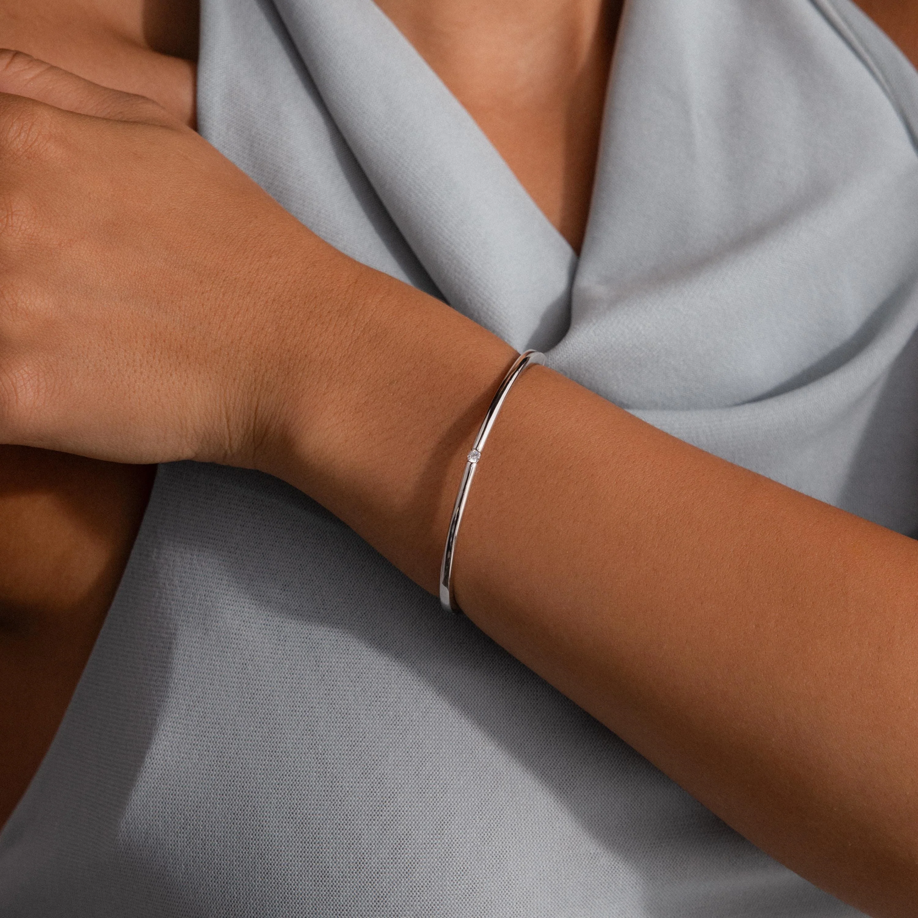 Skinny Diamond Bangle in Silver - Image 2