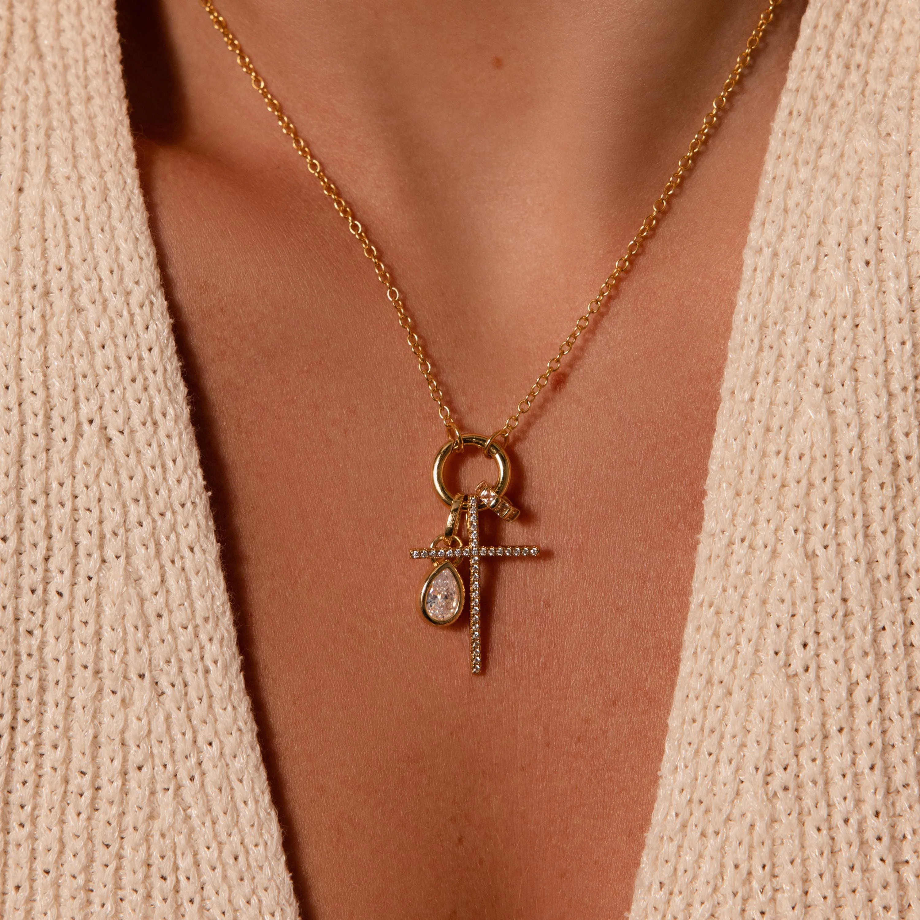 Skinny Pave Cross Charm in 18K Gold - Image 2