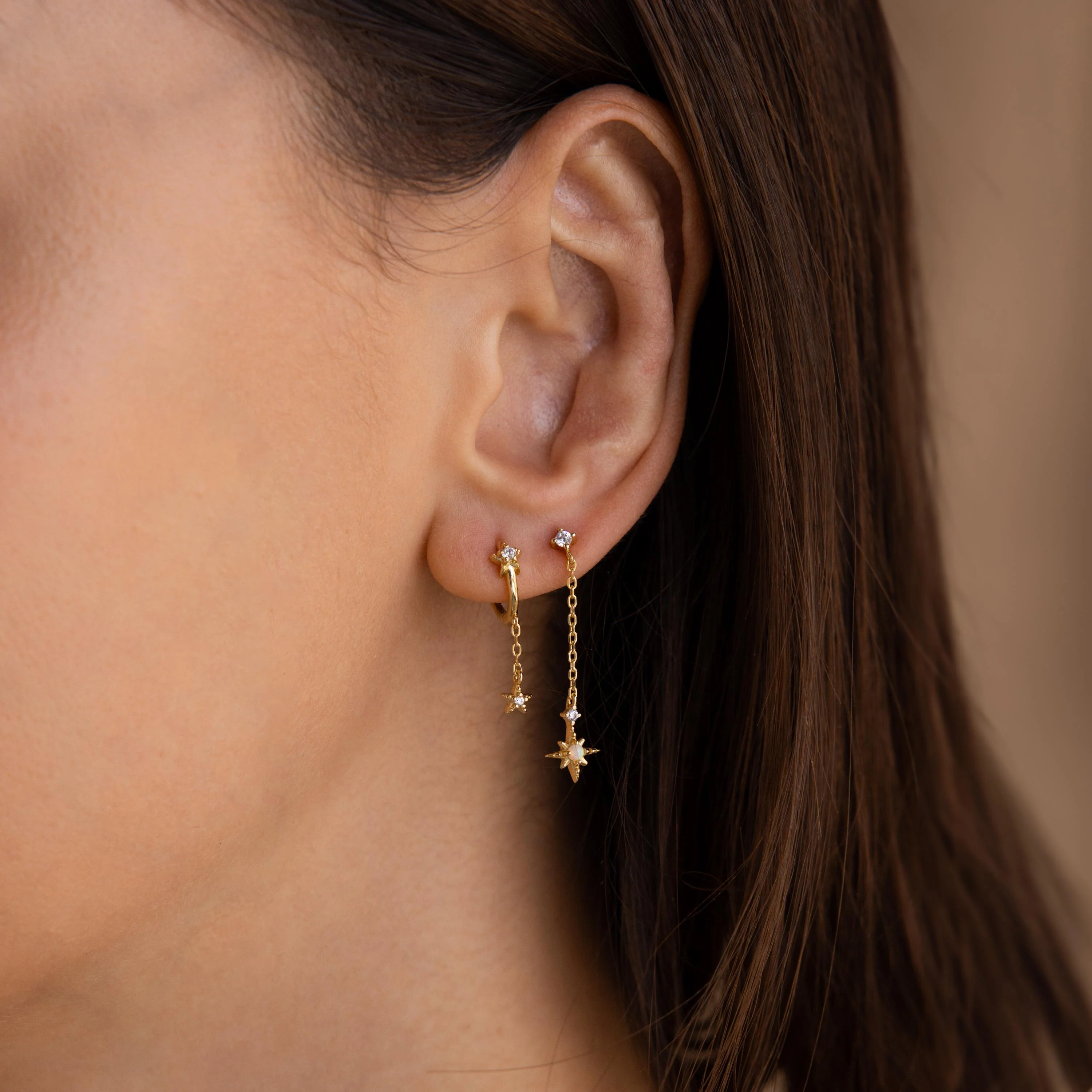 Star Drop Chain Huggies in 18K Gold - Image 6