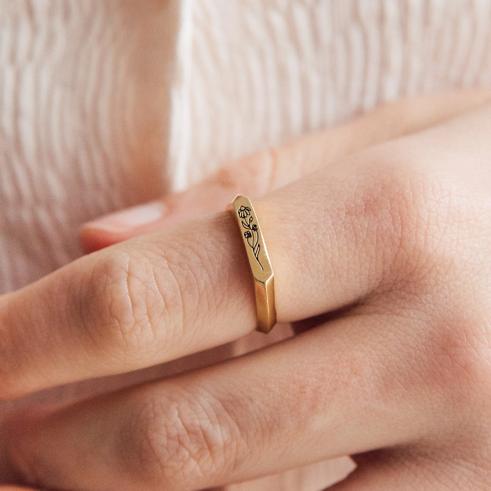Thin Birth Flower Signet Ring - Image 6