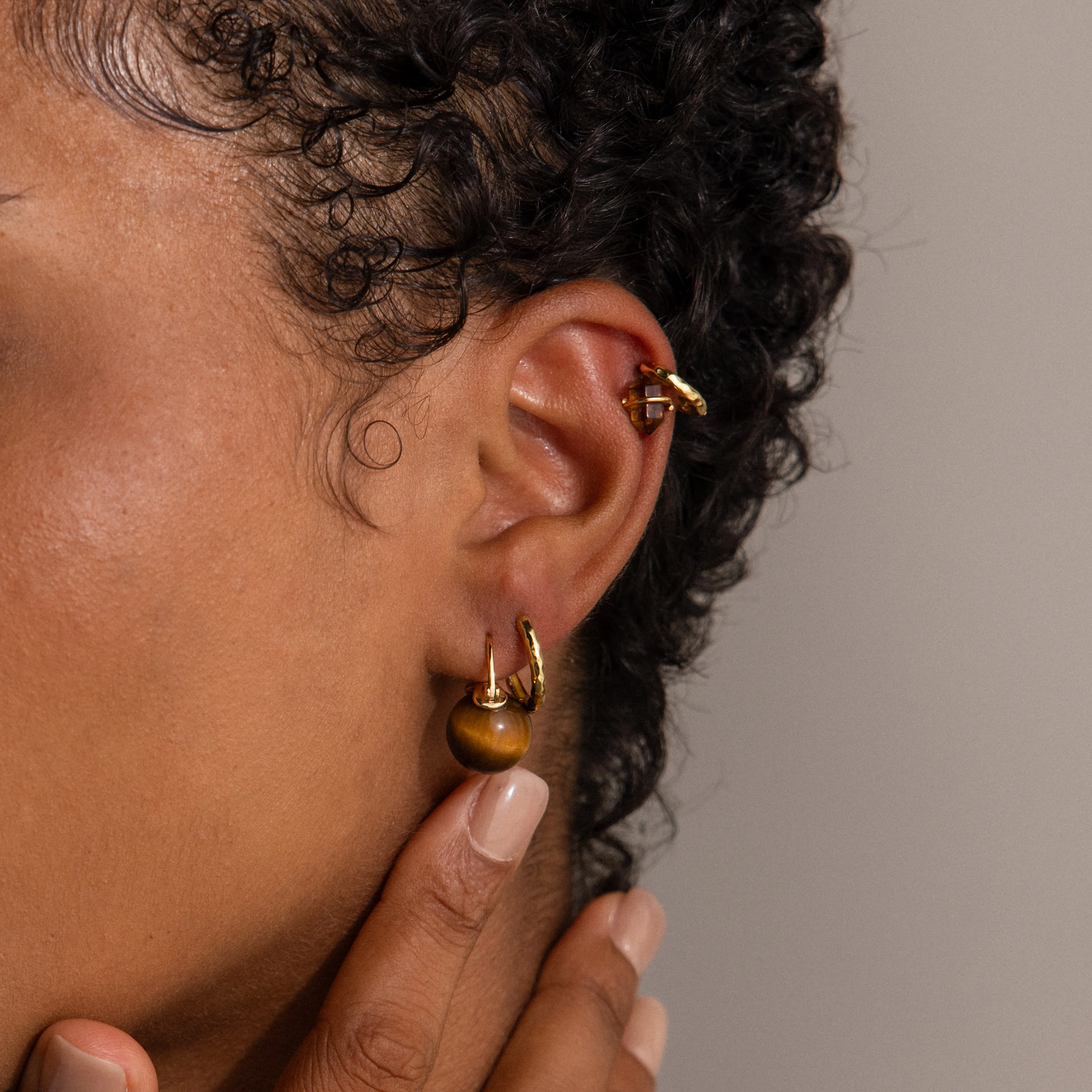 Tiger's Eye Dome Drop Earrings in 18K Gold - Image 4