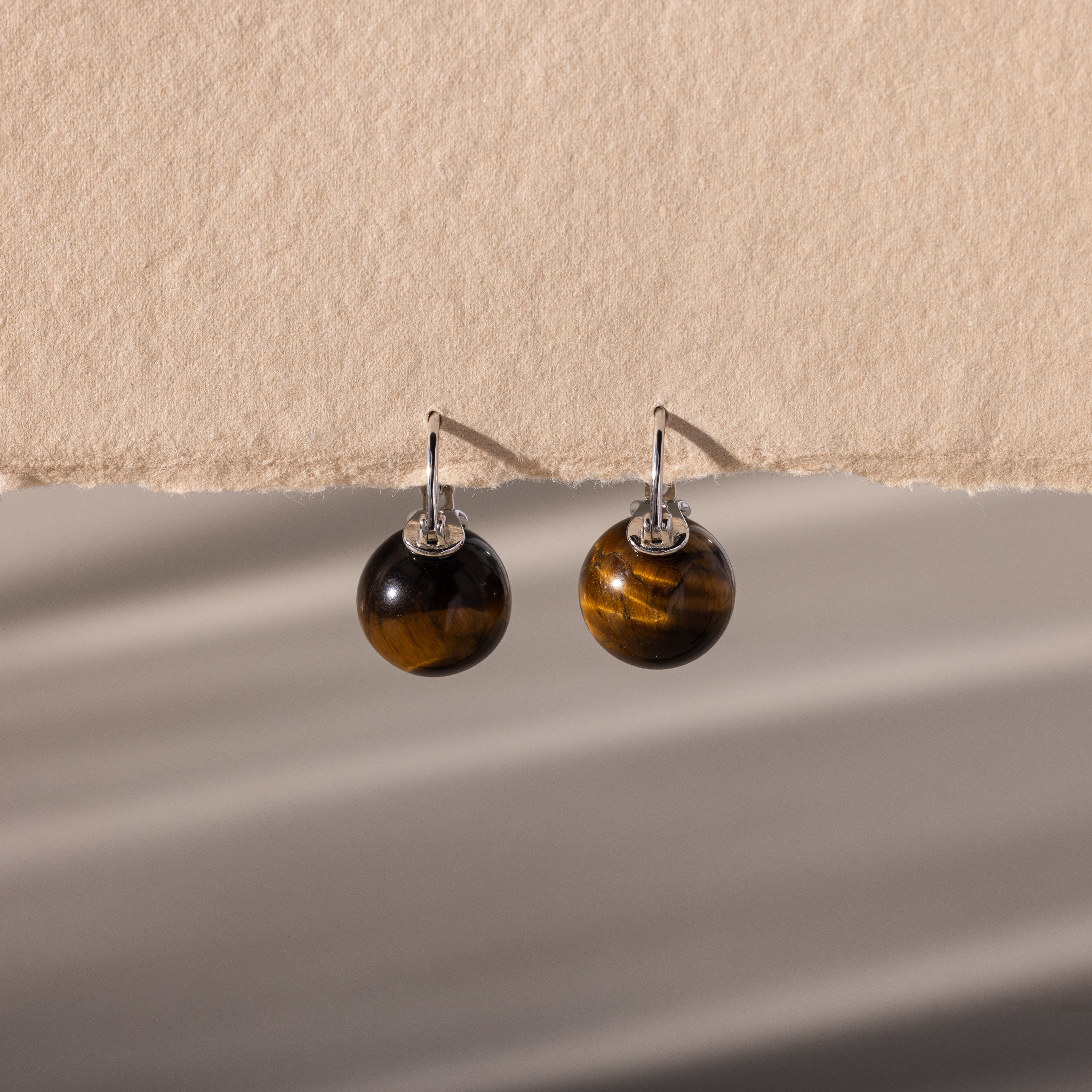 Tiger's Eye Dome Drop Earrings in Silver - Image 3