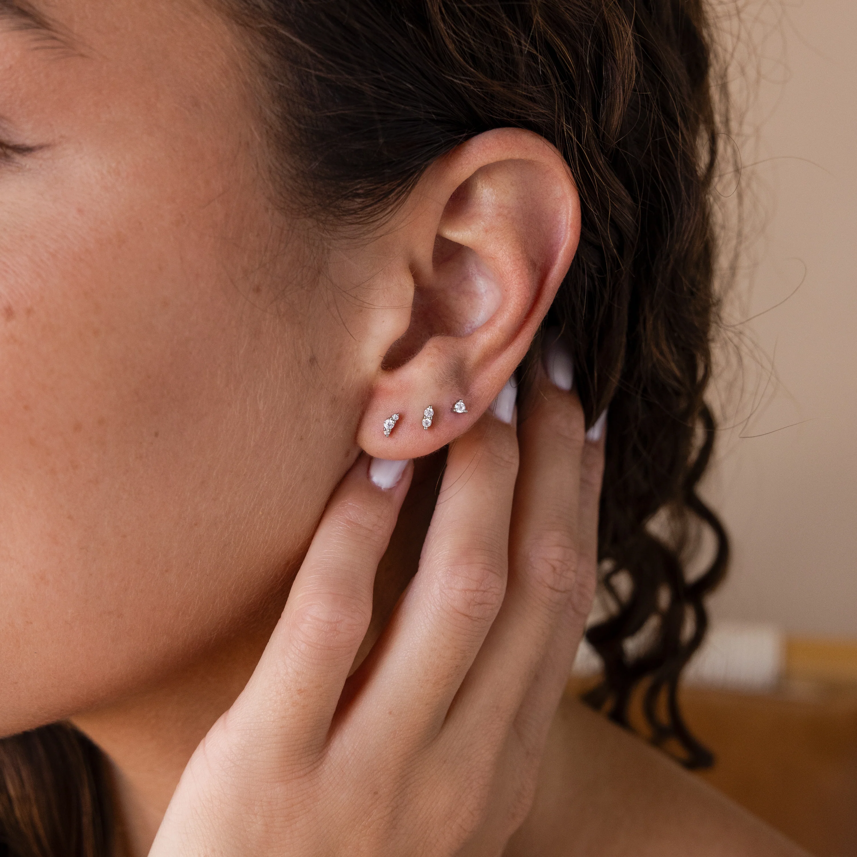 Tiny Diamond Flatback Studs Set in Silver - Image 2