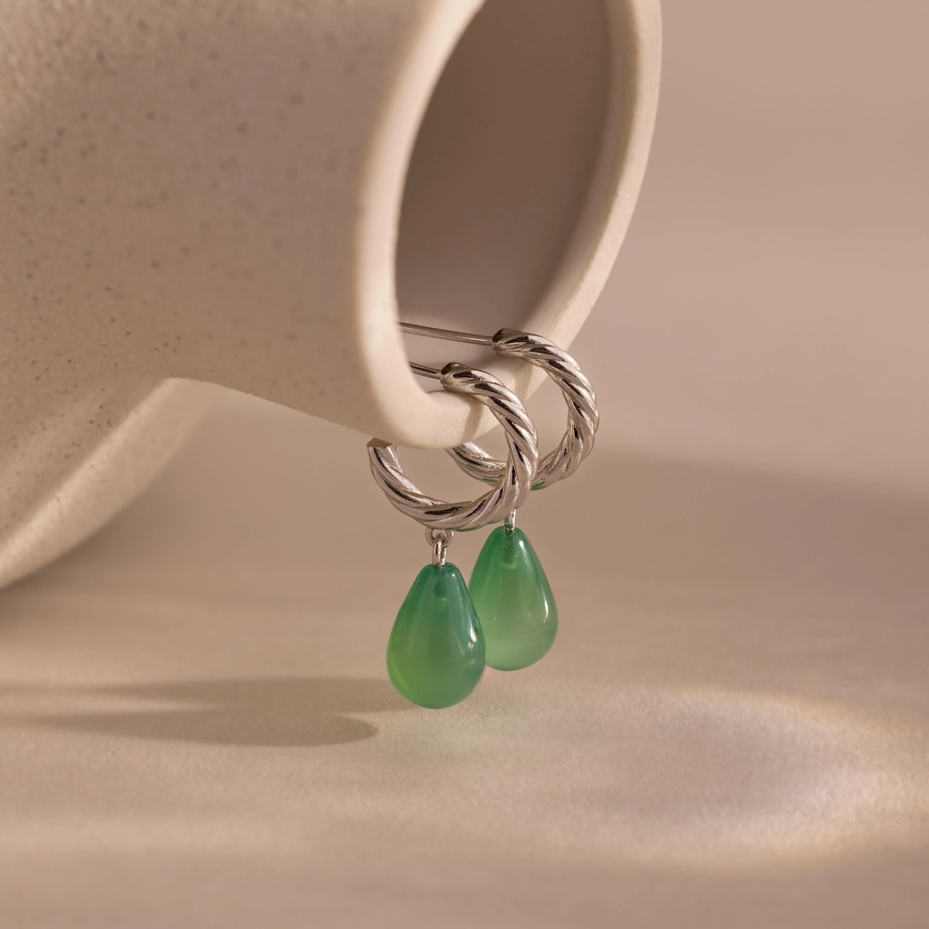Twisted Jade Hoops in Silver