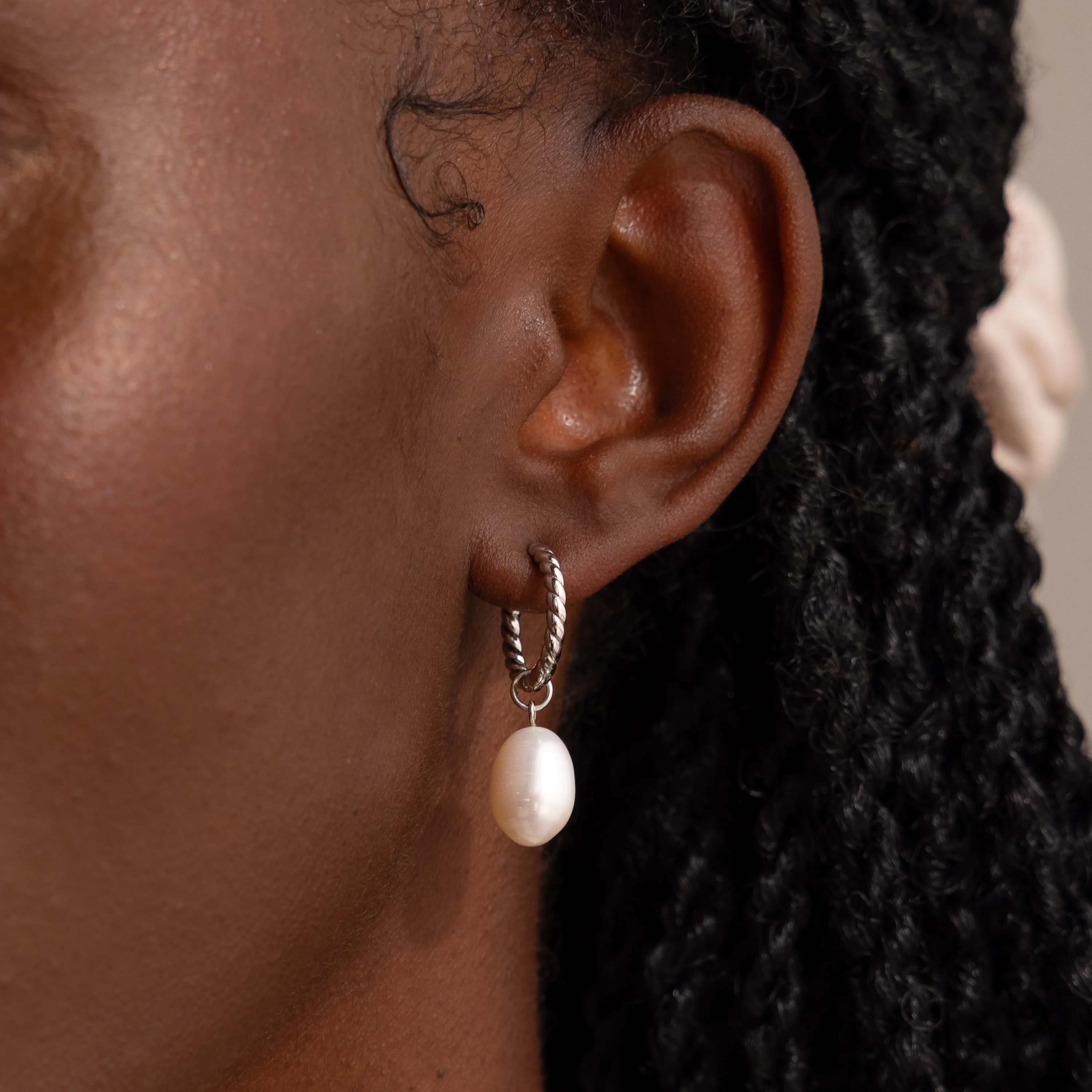 Twisted Pearl Hoops in Silver - Image 2